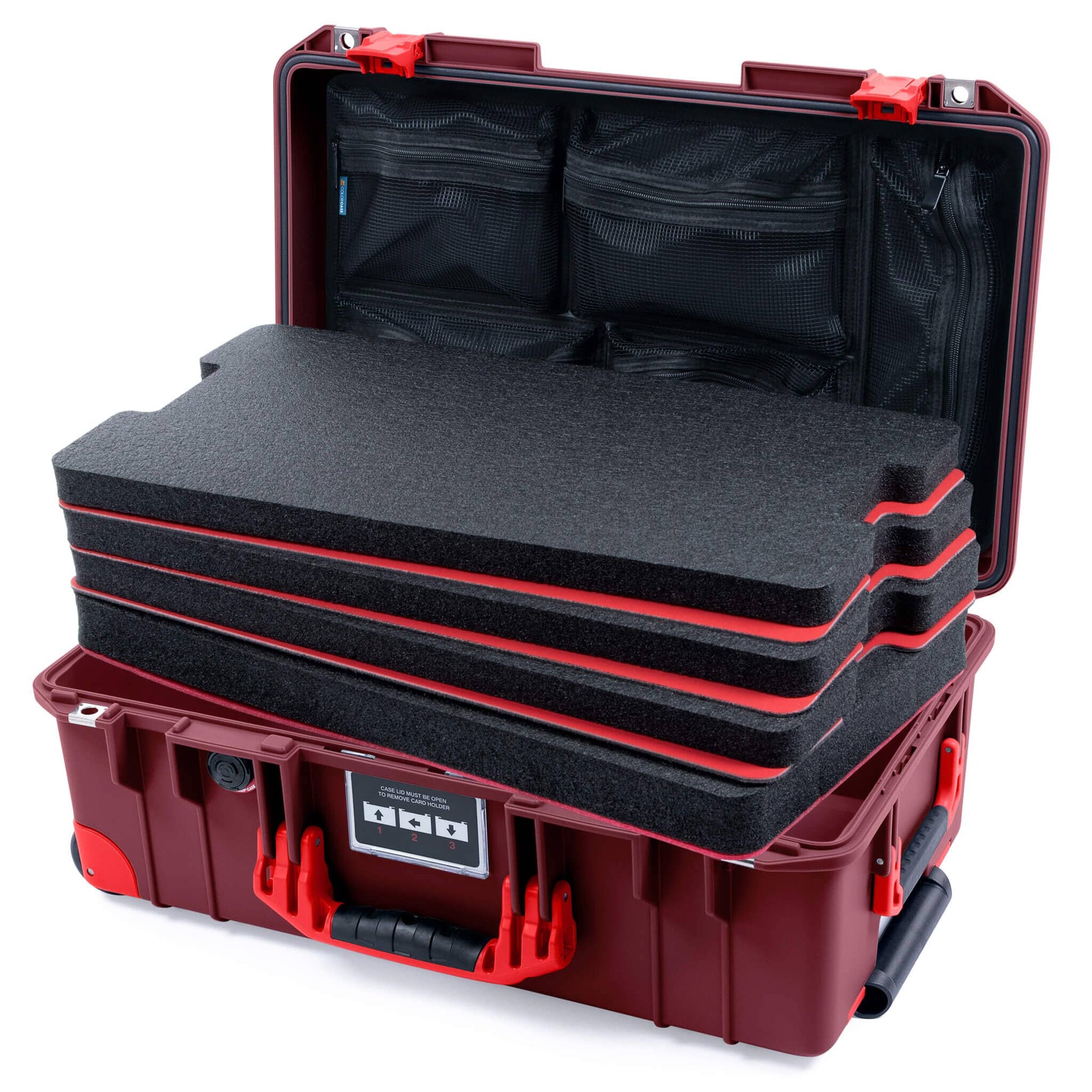 Pelican 1535 Air Case, Oxblood with Red Handles, Latches & Trolley Custom Tool Kit (4 Foam Inserts with Mesh Lid Organizers) ColorCase 015350-0160-510-321-320