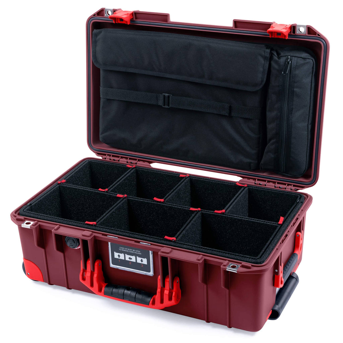 Pelican 1535 Air Case, Oxblood with Red Handles, Latches &amp; Trolley TrekPak Divider System with Laptop Computer Lid Pouch ColorCase 015350-0220-510-321-320