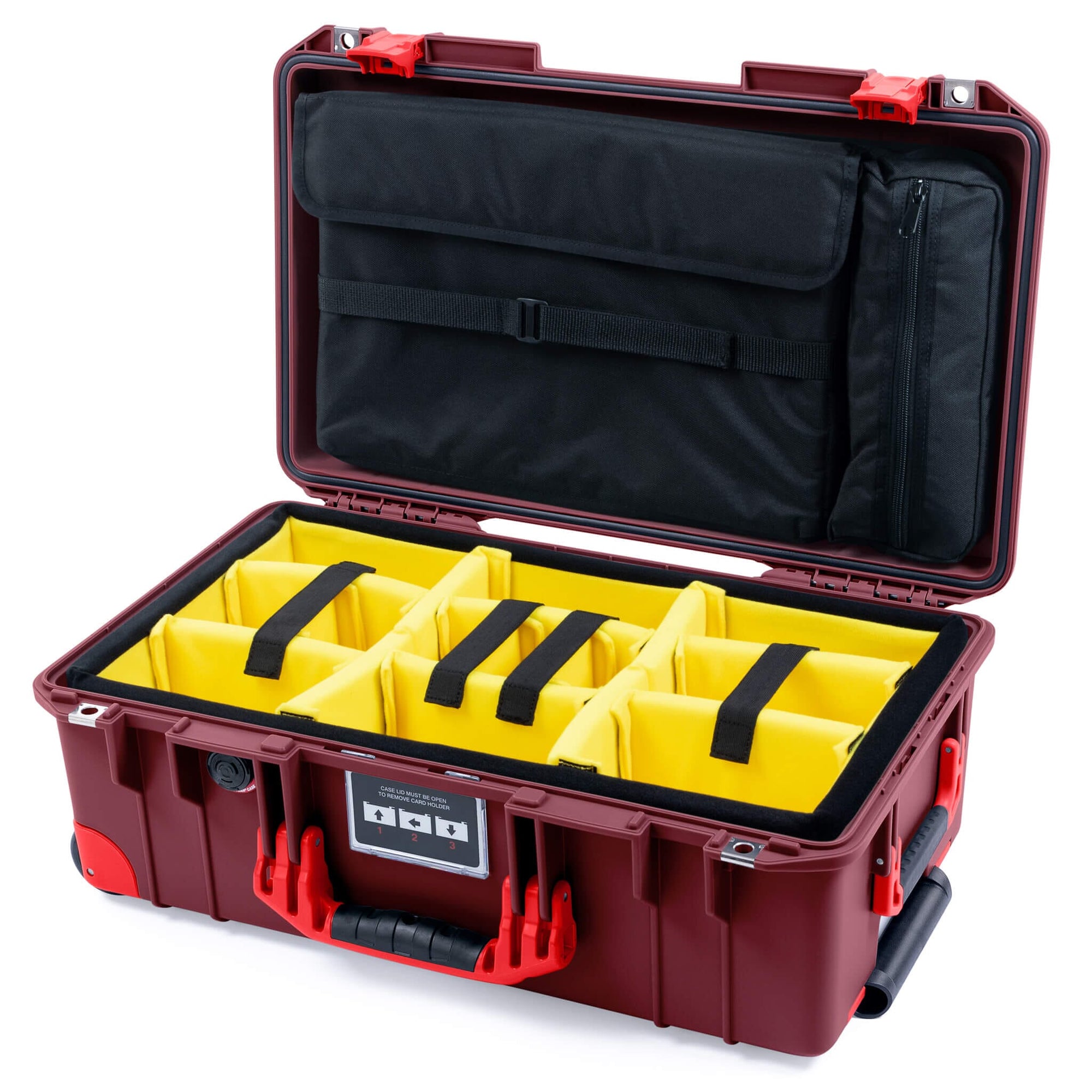 Pelican 1535 Air Case, Oxblood with Red Handles, Latches & Trolley Yellow Padded Microfiber Dividers with Laptop Computer Lid Pouch ColorCase 015350-0210-510-321-320