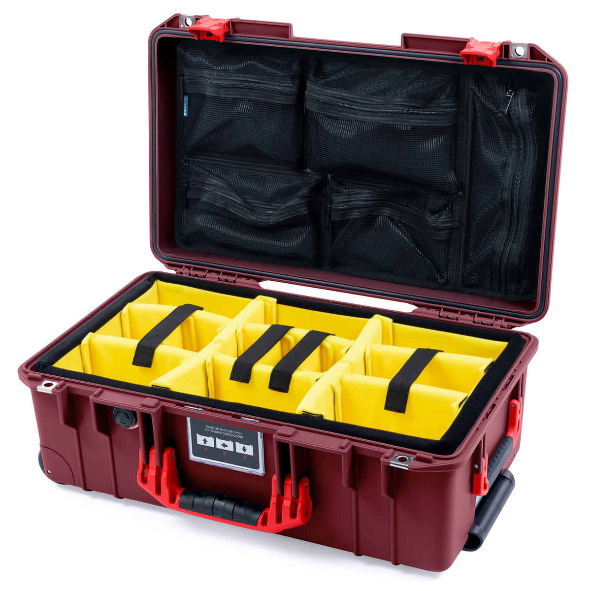 Pelican 1535 Air Case, Oxblood with Red Handles &amp; Latches Yellow Padded Microfiber Dividers with Mesh Lid Organizer ColorCase 015350-0110-510-321