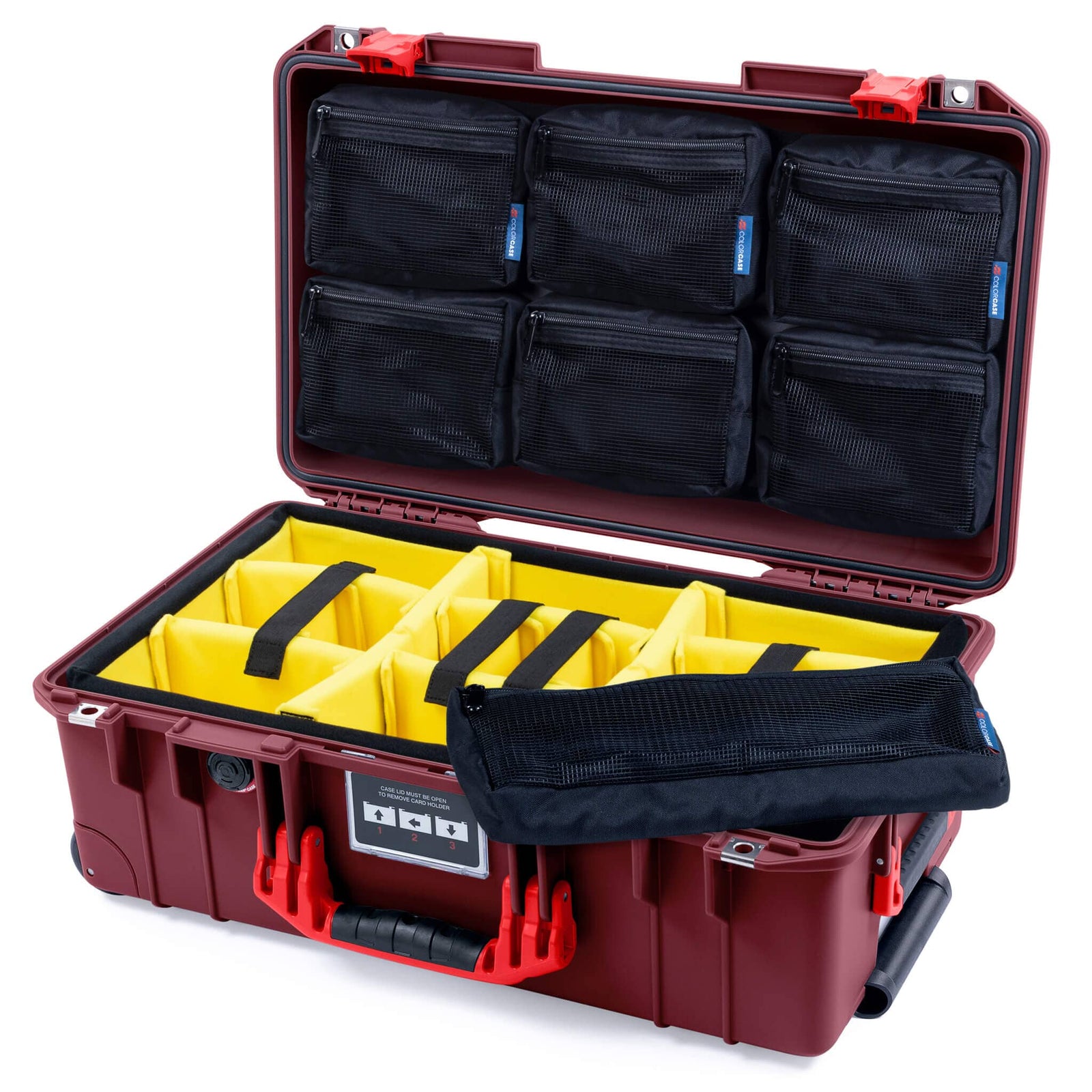 Pelican 1535 Air Case, Oxblood with Red Handles & Latches Yellow Padded Microfiber Dividers with 7-Piece Removable Mesh Pouches ColorCase 015350-0710-510-321