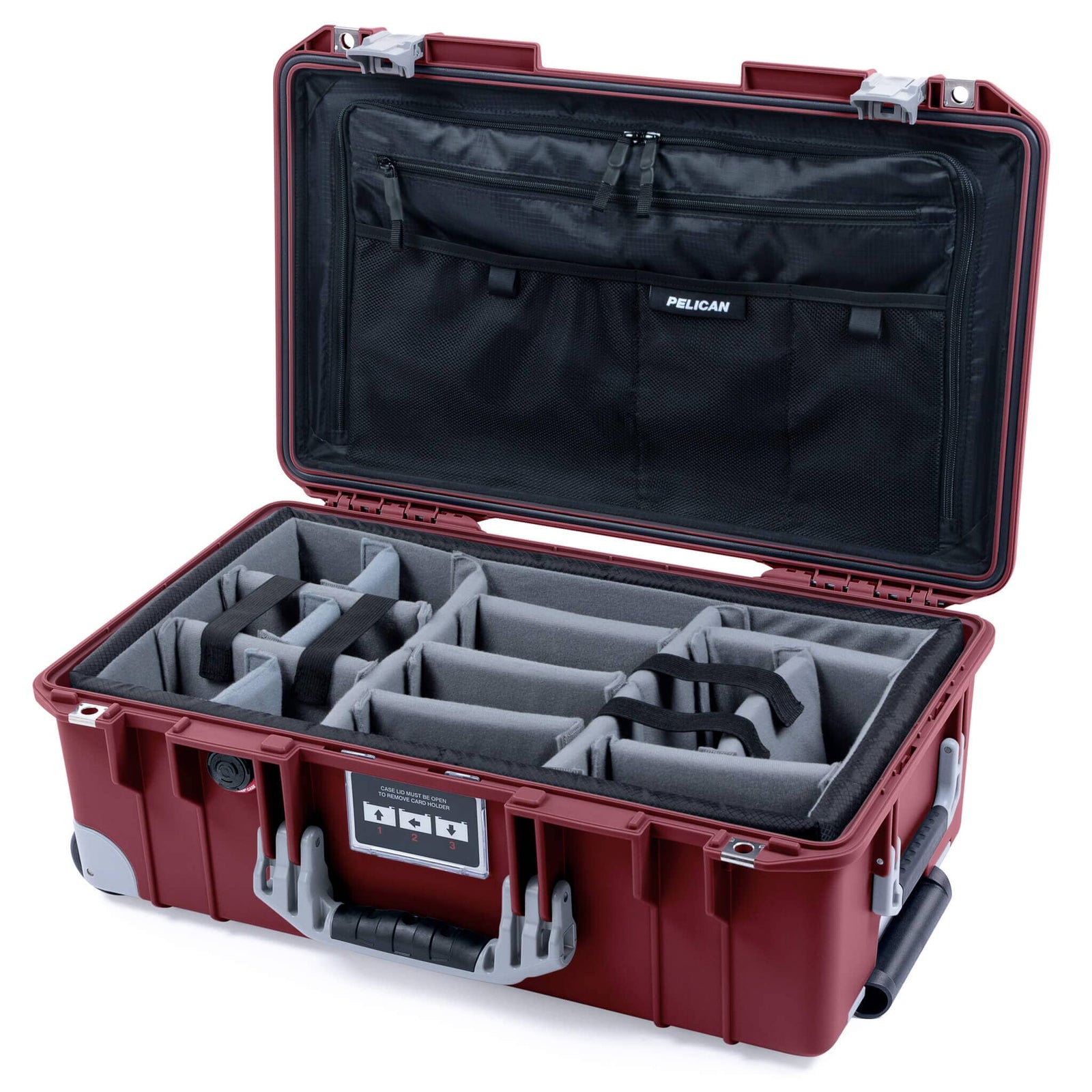 Pelican 1535 Air Case, Oxblood with Silver Handles, Latches & Trolley Gray Padded Microfiber Dividers with TRVL Combo-Pouch Lid Organizer ColorCase 015350-0370-510-181-180