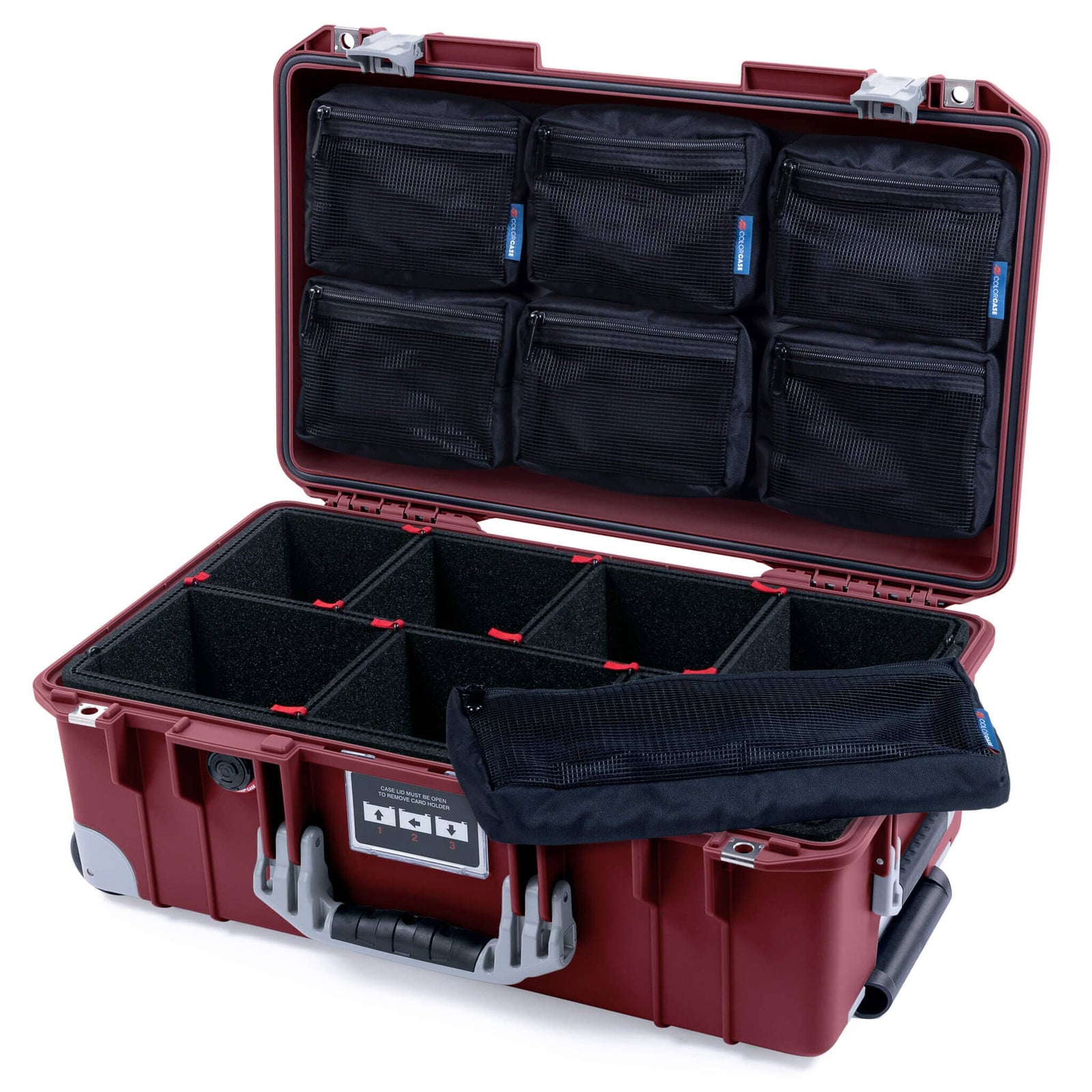 Pelican 1535 Air Case, Oxblood with Silver Handles, Latches & Trolley TrekPak Divider System with 7-Piece Removable Mesh Pouches ColorCase 015350-0720-510-181-180