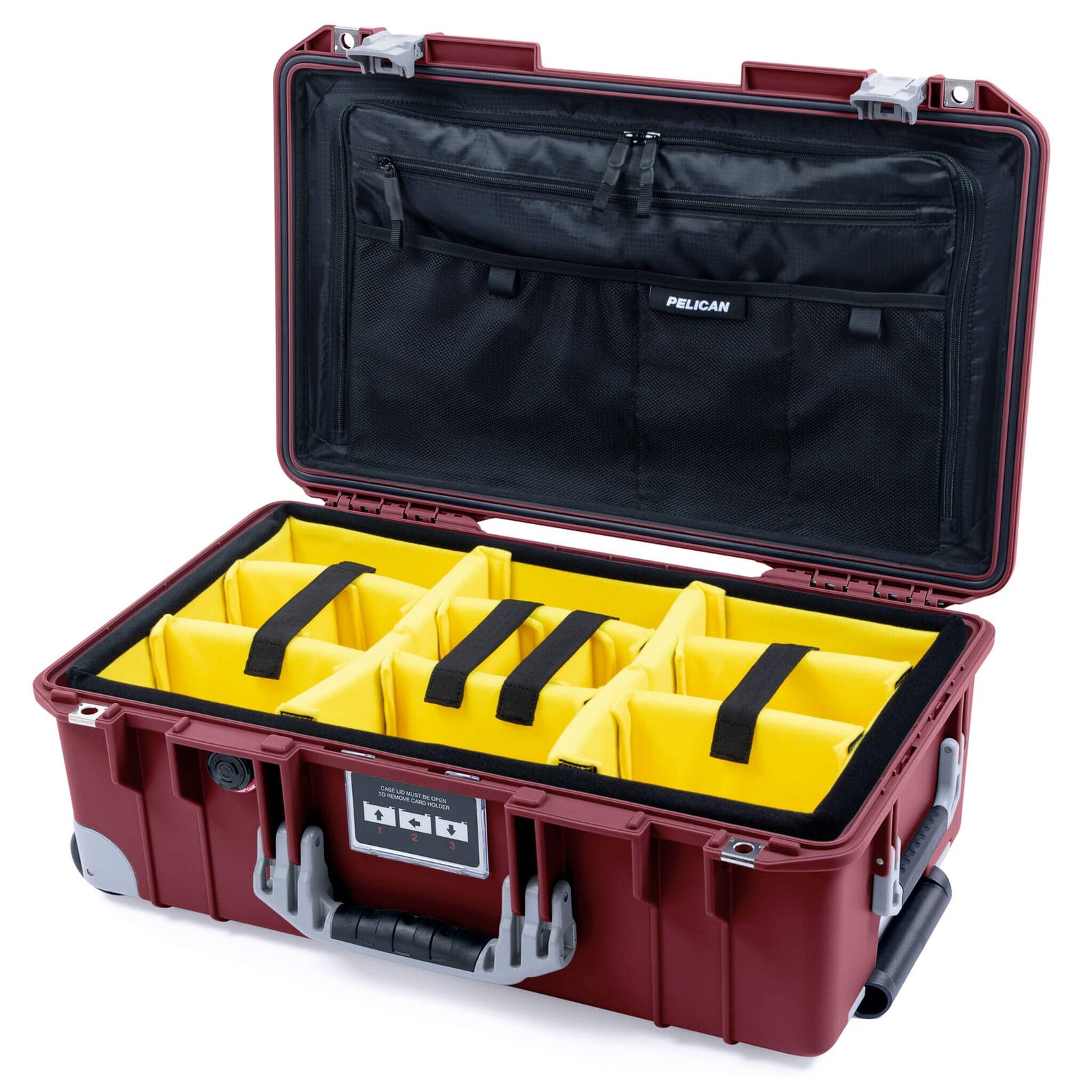 Pelican 1535 Air Case, Oxblood with Silver Handles, Latches & Trolley Yellow Padded Microfiber Dividers with TRVL Combo-Pouch Lid Organizer ColorCase 015350-0310-510-181-180