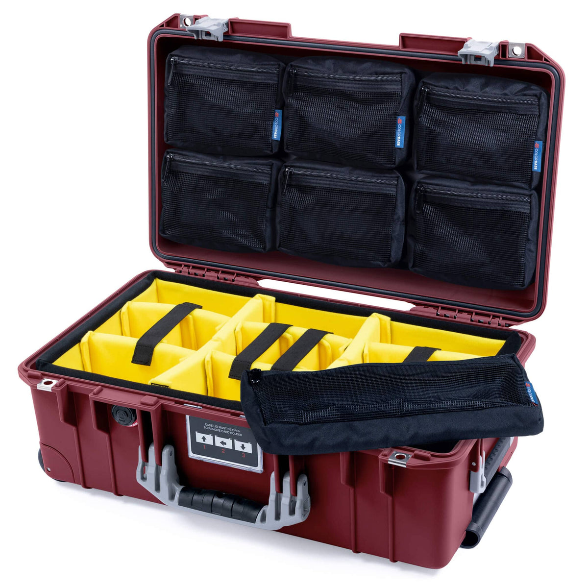 Pelican 1535 Air Case, Oxblood with Silver Handles &amp; Latches Yellow Padded Microfiber Dividers with 7-Piece Removable Mesh Pouches ColorCase 015350-0710-510-181