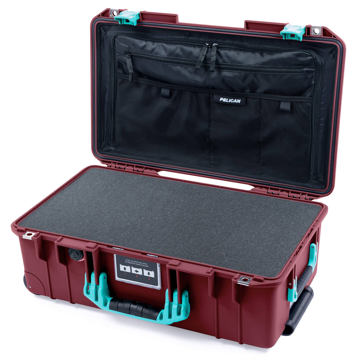 Pelican 1535 Air Case, Oxblood with Teal Handles &amp; Latches Pick &amp; Pluck Foam with TRVL Combo-Pouch Lid Organizer ColorCase 015350-0301-510-591
