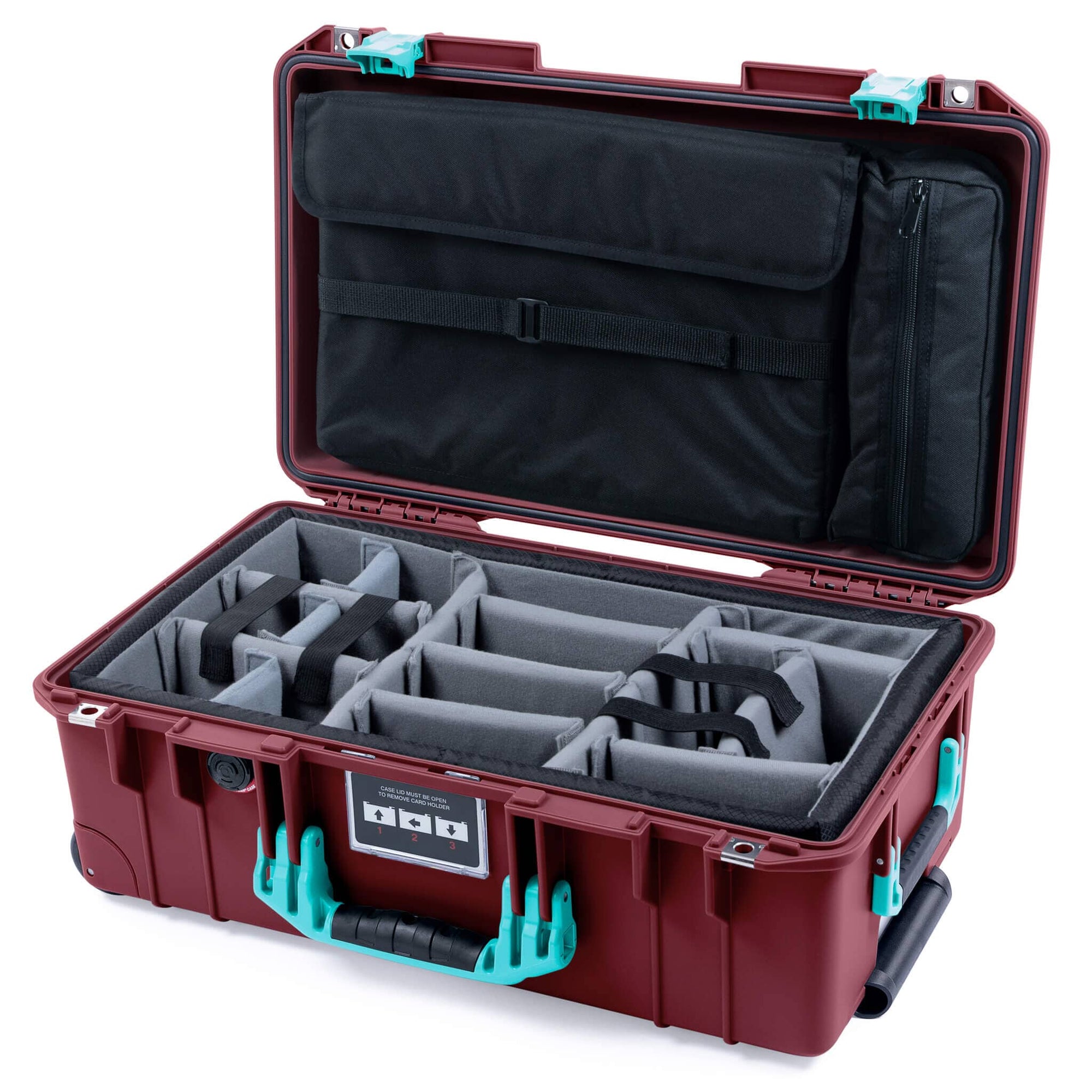 Pelican 1535 Air Case, Oxblood with Teal Handles & Latches Gray Padded Microfiber Dividers with Laptop Computer Lid Pouch ColorCase 015350-0270-510-591