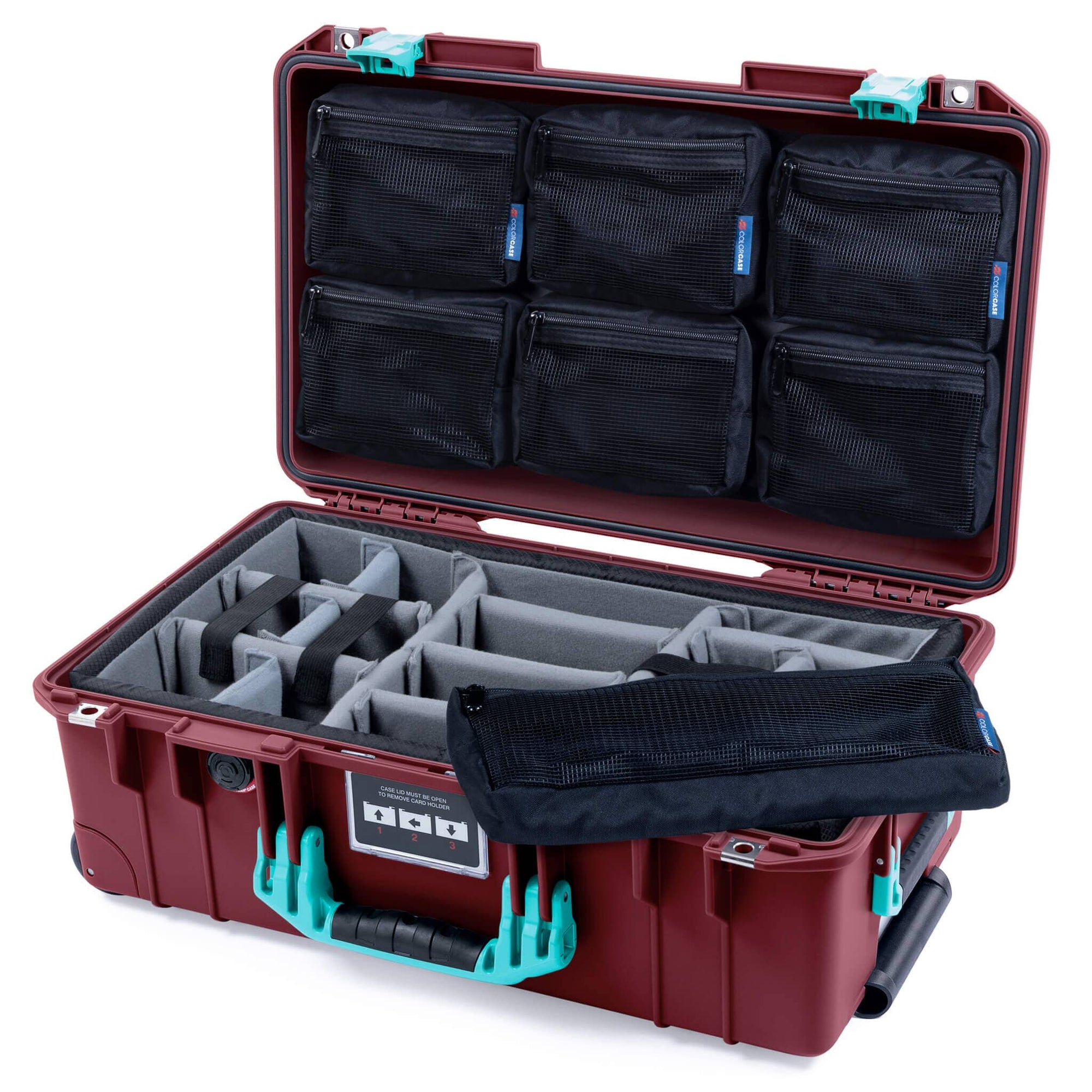 Pelican 1535 Air Case, Oxblood with Teal Handles & Latches Gray Padded Microfiber Dividers with 7-Piece Removable Mesh Pouches ColorCase 015350-0770-510-591