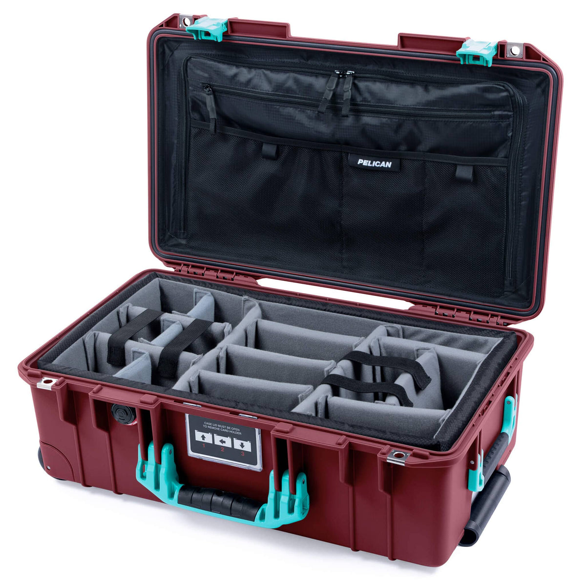 Pelican 1535 Air Case, Oxblood with Teal Handles &amp; Latches Gray Padded Microfiber Dividers with TRVL Combo-Pouch Lid Organizer ColorCase 015350-0370-510-591