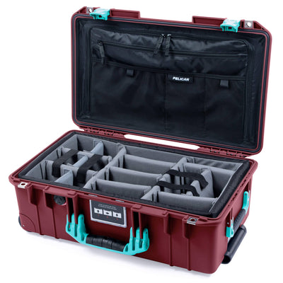 Pelican 1535 Air Case, Oxblood with Teal Handles & Latches Gray Padded Microfiber Dividers with TRVL Combo-Pouch Lid Organizer ColorCase 015350-0370-510-591