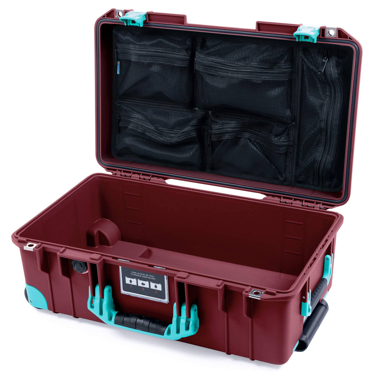 Pelican 1535 Air Case, Oxblood with Teal Handles, Latches &amp; Trolley Mesh Lid Organizer Only ColorCase 015350-0100-510-591-590