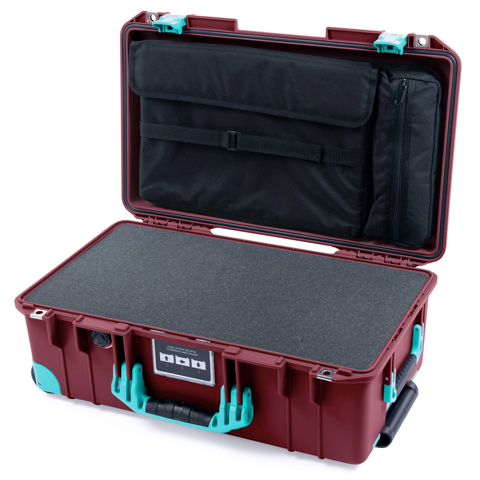 Pelican 1535 Air Case, Oxblood with Teal Handles, Latches & Trolley Pick & Pluck Foam with Laptop Computer Lid Pouch ColorCase 015350-0201-510-591-590