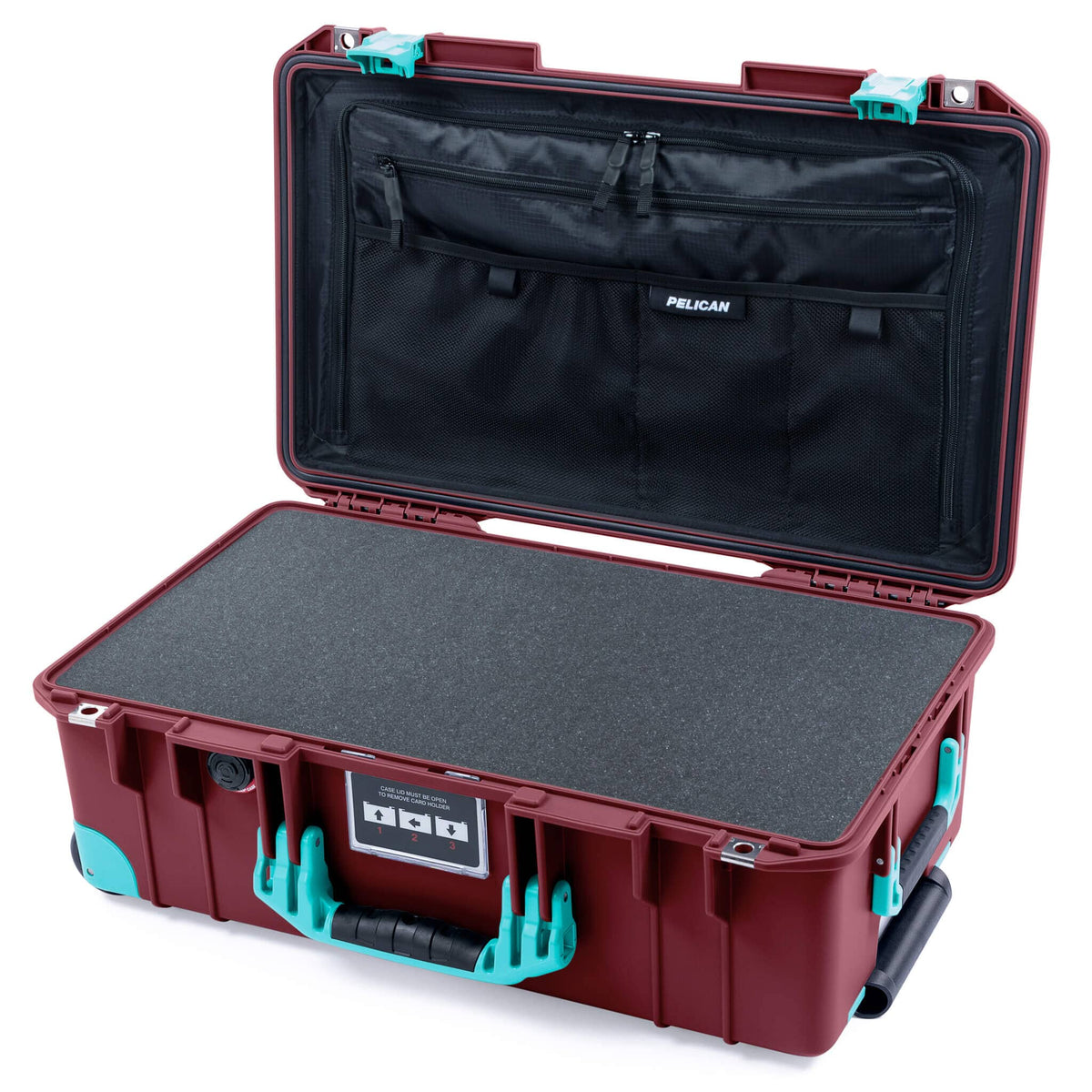 Pelican 1535 Air Case, Oxblood with Teal Handles, Latches &amp; Trolley Pick &amp; Pluck Foam with TRVL Combo-Pouch Lid Organizer ColorCase 015350-0301-510-591-590