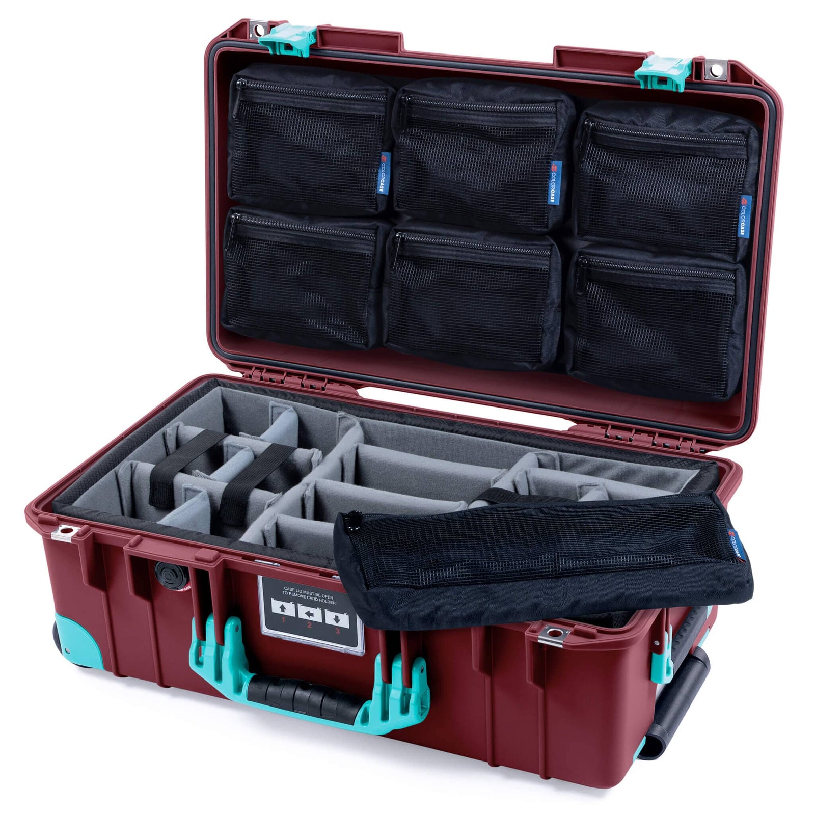 Pelican 1535 Air Case, Oxblood with Teal Handles, Latches & Trolley Gray Padded Microfiber Dividers with Laptop Computer Lid Pouch ColorCase 015350-0270-510-591-590