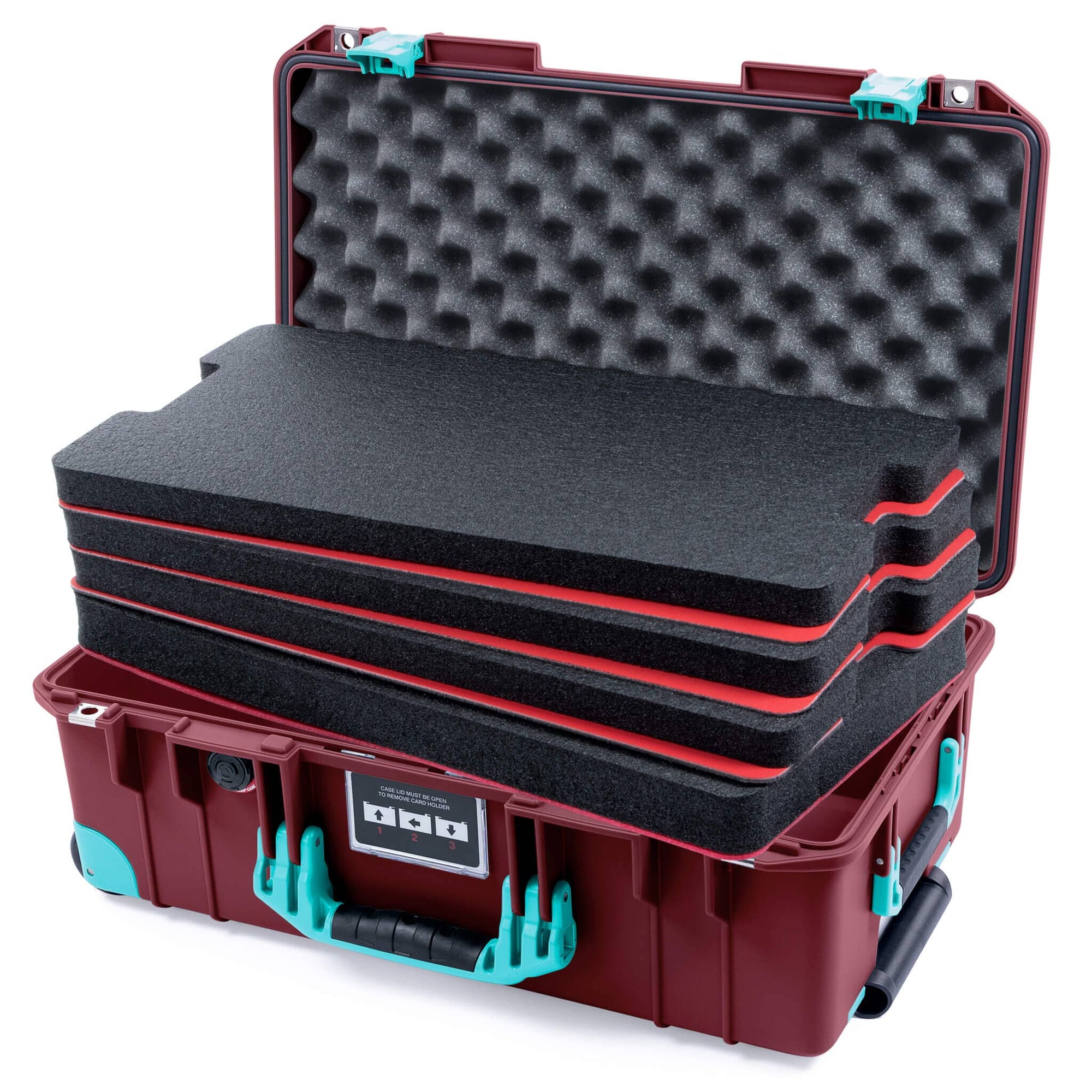 Pelican 1535 Air Case, Oxblood with Teal Handles, Latches & Trolley Custom Tool Kit (4 Foam Inserts with Convoluted Lid Foam) ColorCase 015350-0060-510-591-590