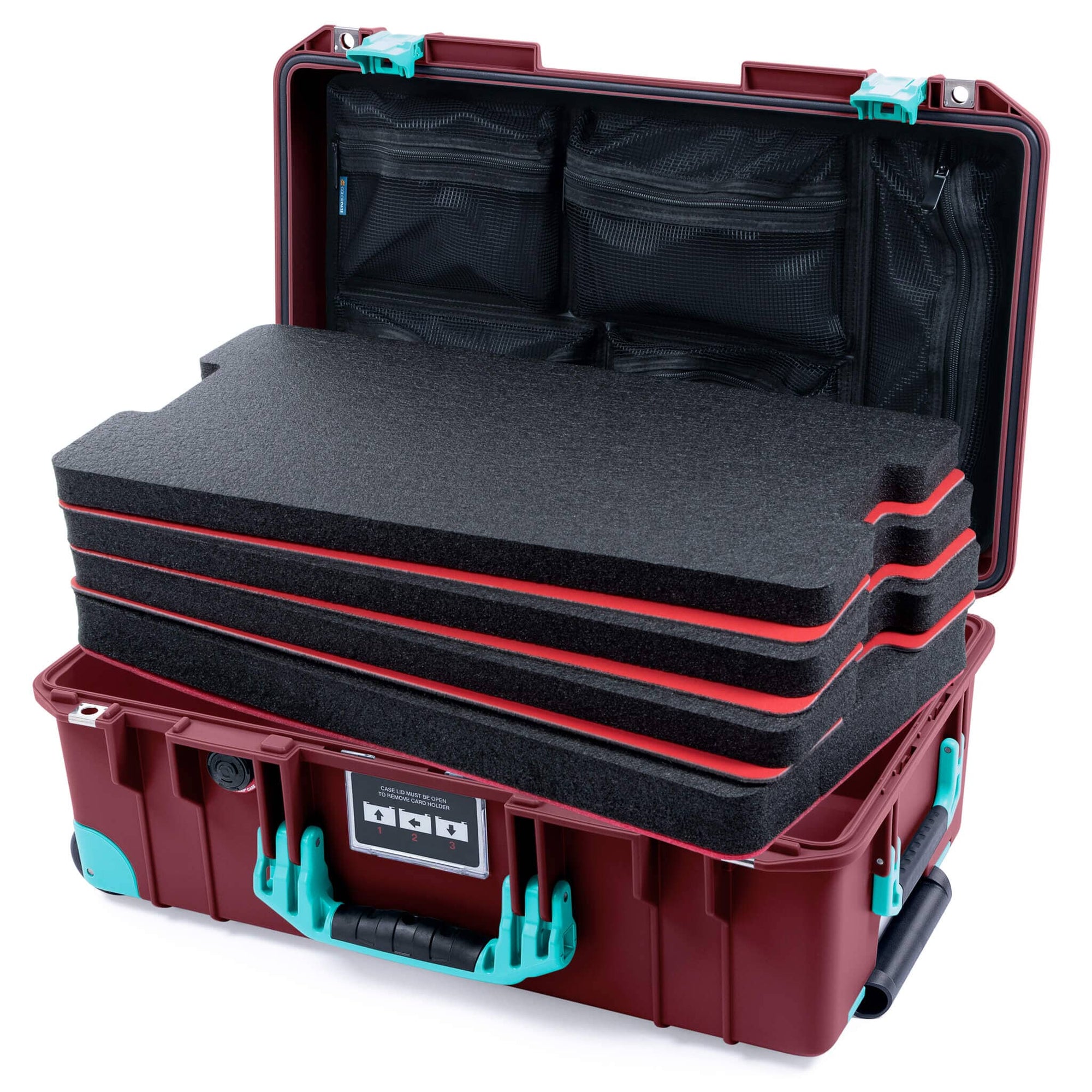 Pelican 1535 Air Case, Oxblood with Teal Handles, Latches & Trolley Custom Tool Kit (4 Foam Inserts with Mesh Lid Organizers) ColorCase 015350-0160-510-591-590