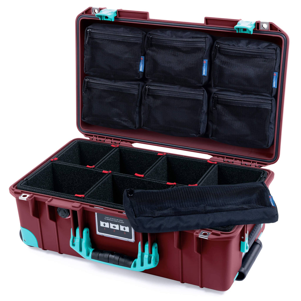 Pelican 1535 Air Case, Oxblood with Teal Handles, Latches &amp; Trolley TrekPak Divider System with 7-Piece Removable Mesh Pouches ColorCase 015350-0720-510-591-590