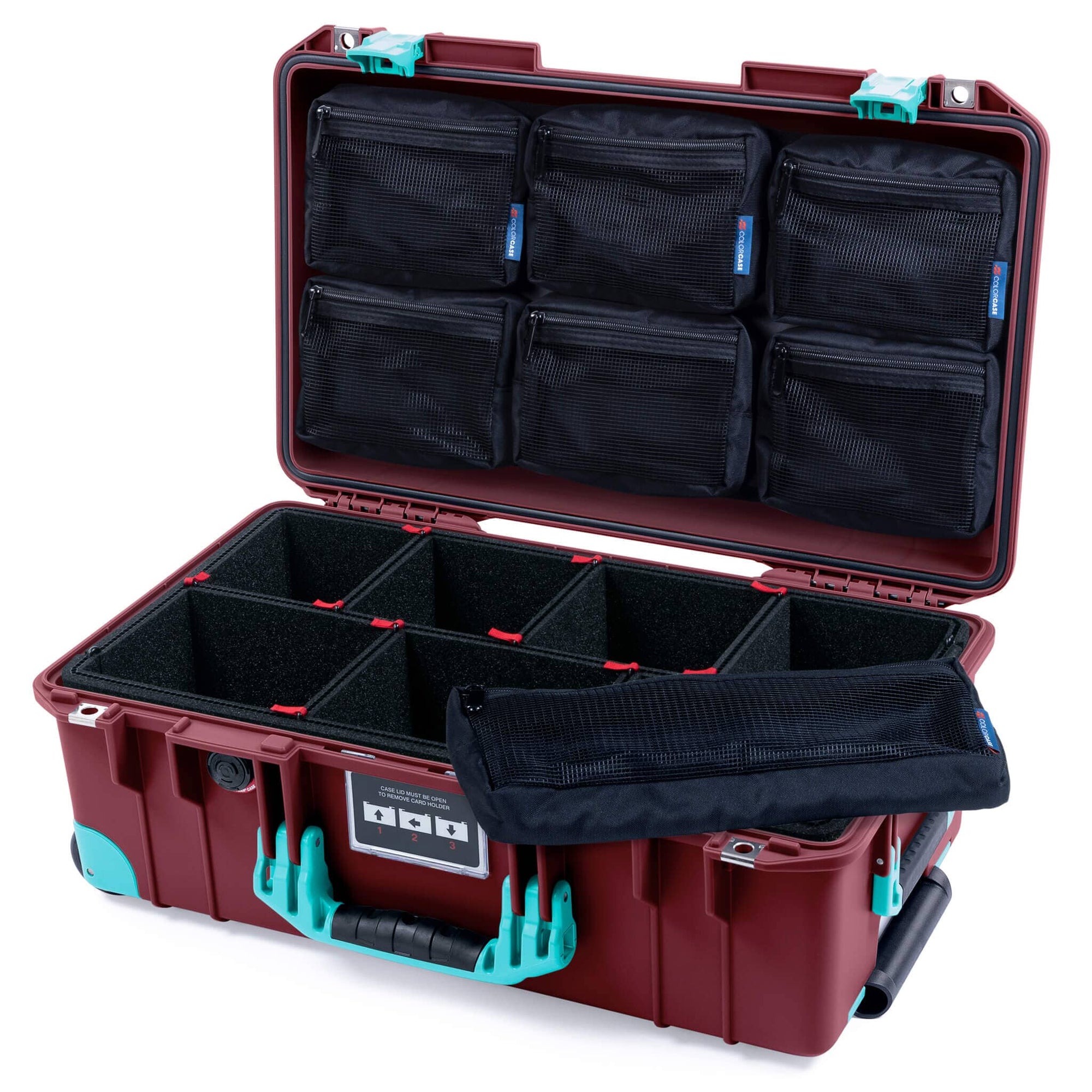 Pelican 1535 Air Case, Oxblood with Teal Handles, Latches & Trolley TrekPak Divider System with 7-Piece Removable Mesh Pouches ColorCase 015350-0720-510-591-590