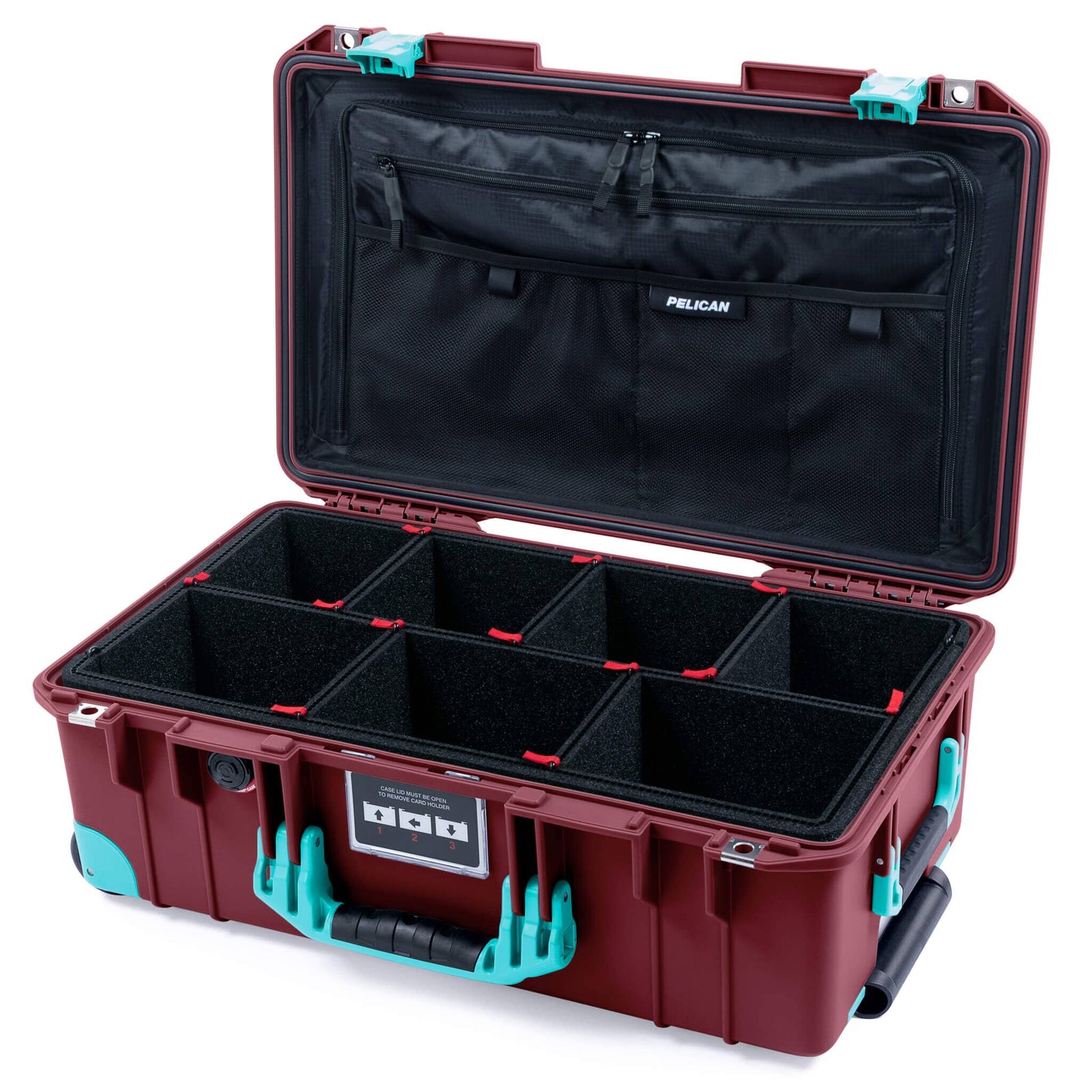 Pelican 1535 Air Case, Oxblood with Teal Handles, Latches & Trolley TrekPak Divider System with TRVL Combo-Pouch Lid Organizer ColorCase 015350-0320-510-591-590