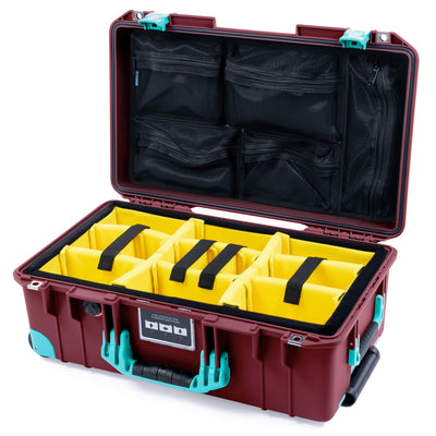 Pelican 1535 Air Case, Oxblood with Teal Handles, Latches & Trolley Yellow Padded Microfiber Dividers with Mesh Lid Organizer ColorCase 015350-0110-510-591-590