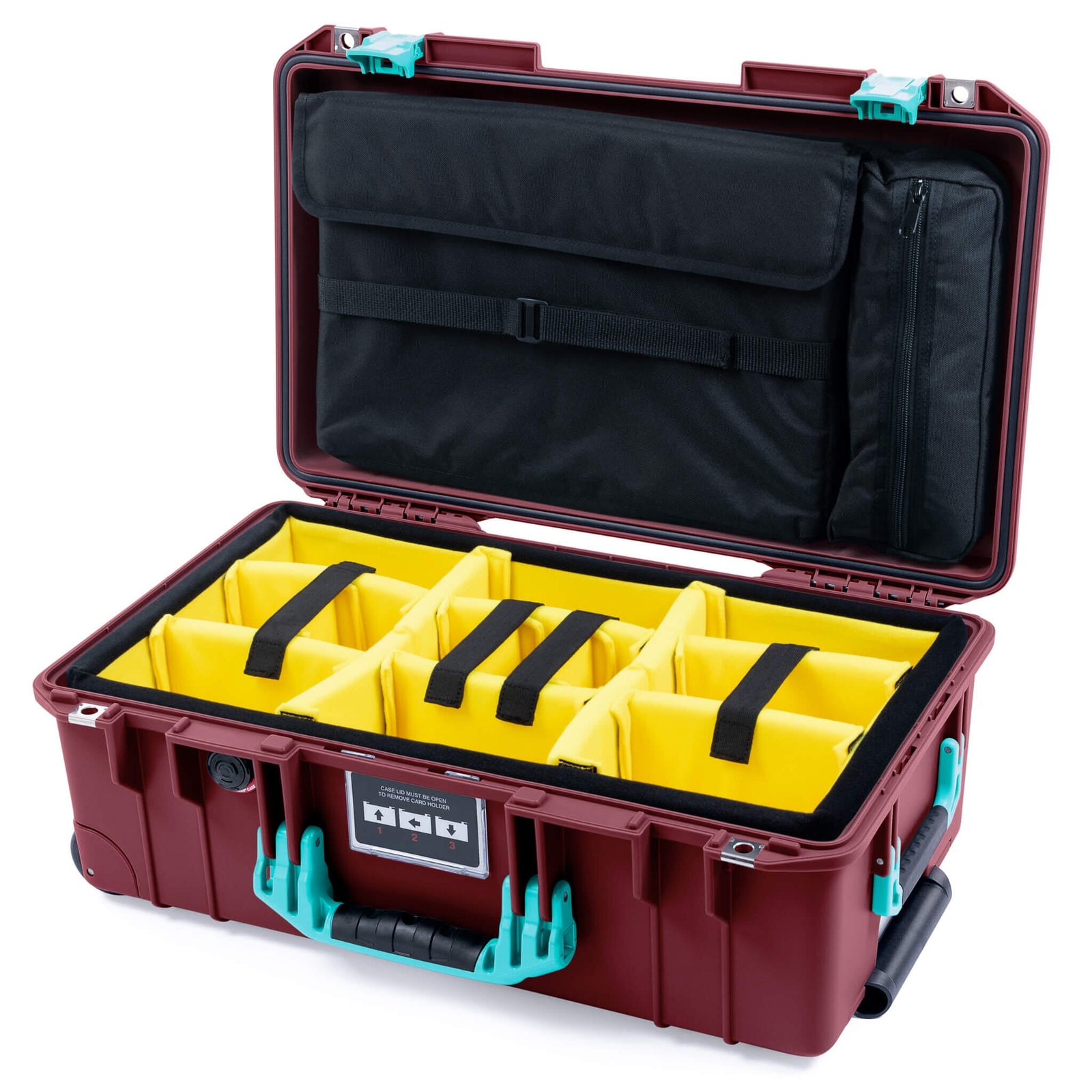Pelican 1535 Air Case, Oxblood with Teal Handles & Latches Yellow Padded Microfiber Dividers with Laptop Computer Lid Pouch ColorCase 015350-0210-510-591