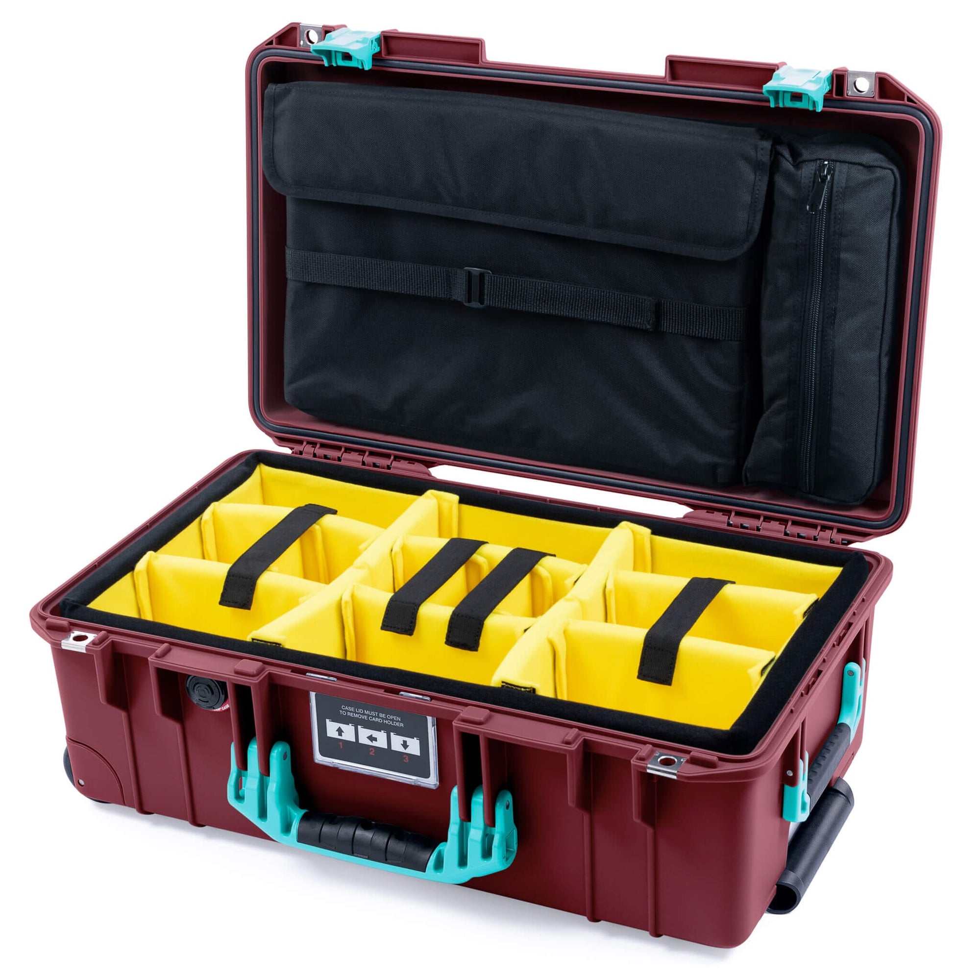Pelican 1535 Air Case, Oxblood with Teal Handles & Latches Yellow Padded Microfiber Dividers with Laptop Computer Lid Pouch ColorCase 015350-0210-510-591