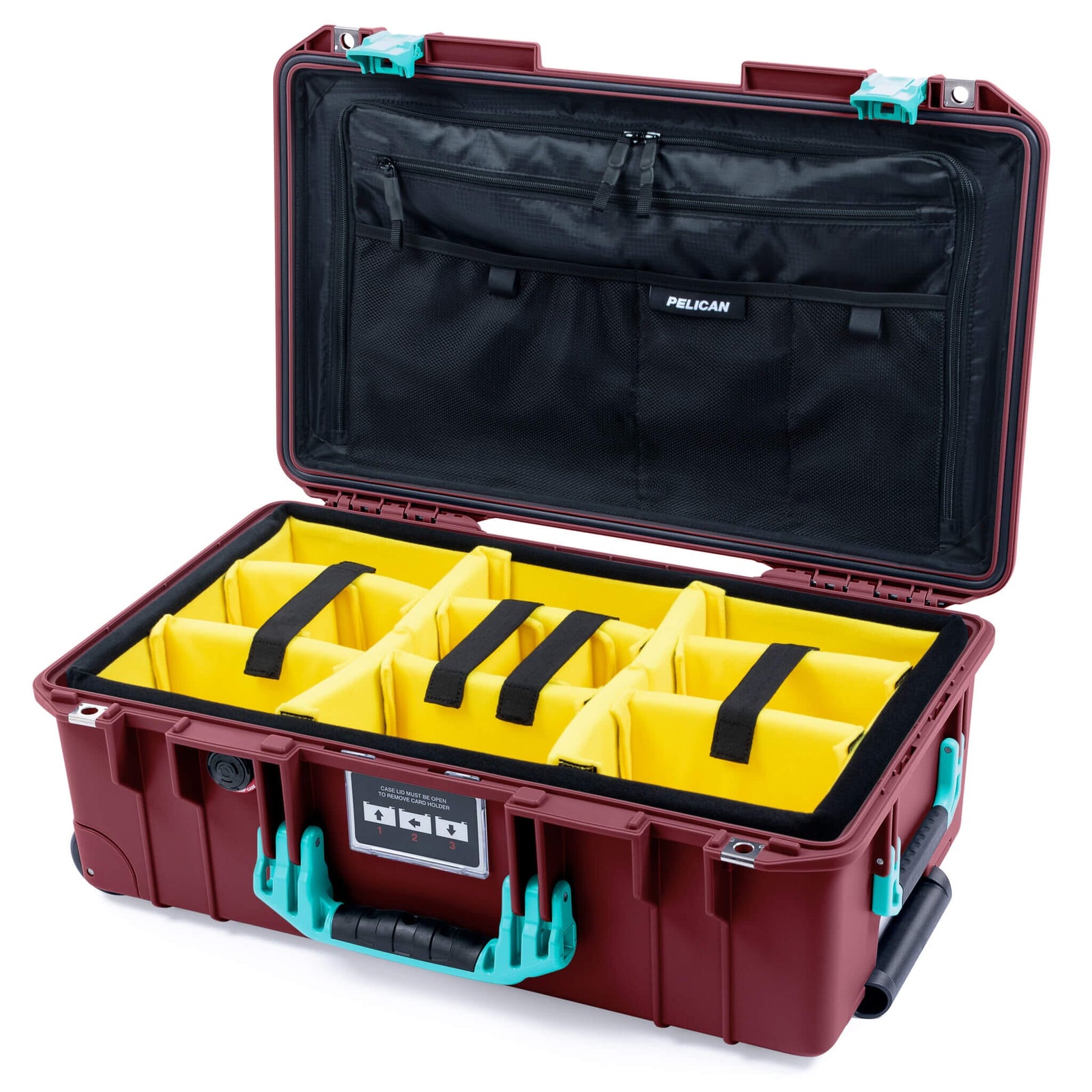 Pelican 1535 Air Case, Oxblood with Teal Handles & Latches Yellow Padded Microfiber Dividers with TRVL Combo-Pouch Lid Organizer ColorCase 015350-0310-510-591
