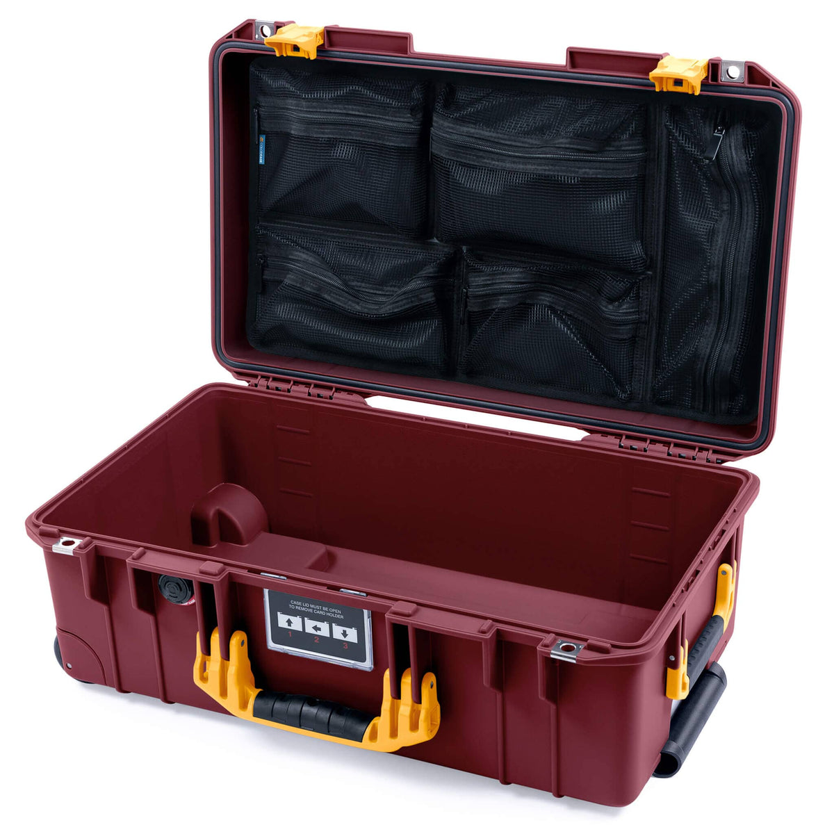 Pelican 1535 Air Case, Oxblood with Yellow Handles &amp; Latches Mesh Lid Organizer Only ColorCase 015350-0100-510-241