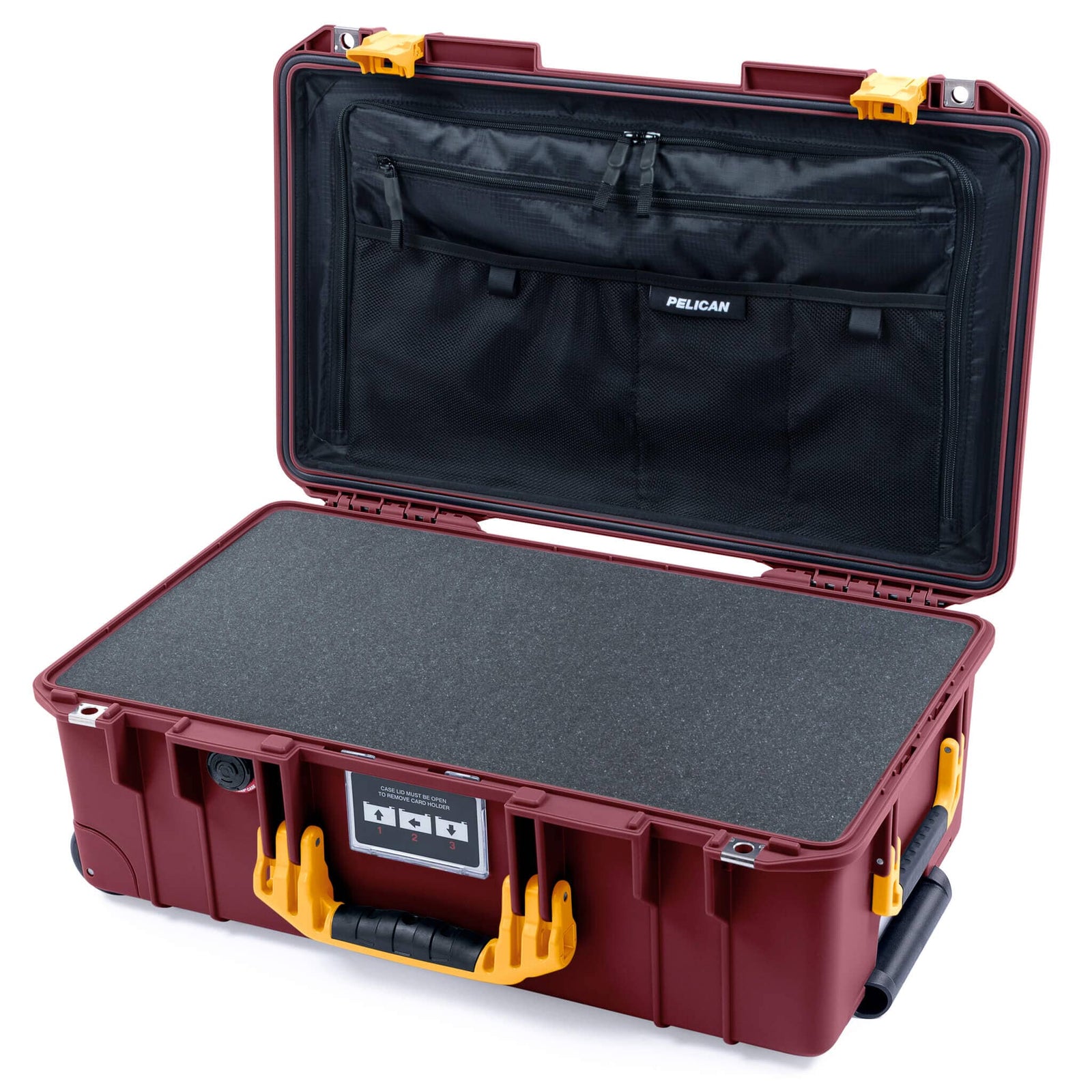 Pelican 1535 Air Case, Oxblood with Yellow Handles & Latches Pick & Pluck Foam with TRVL Combo-Pouch Lid Organizer ColorCase 015350-0301-510-241