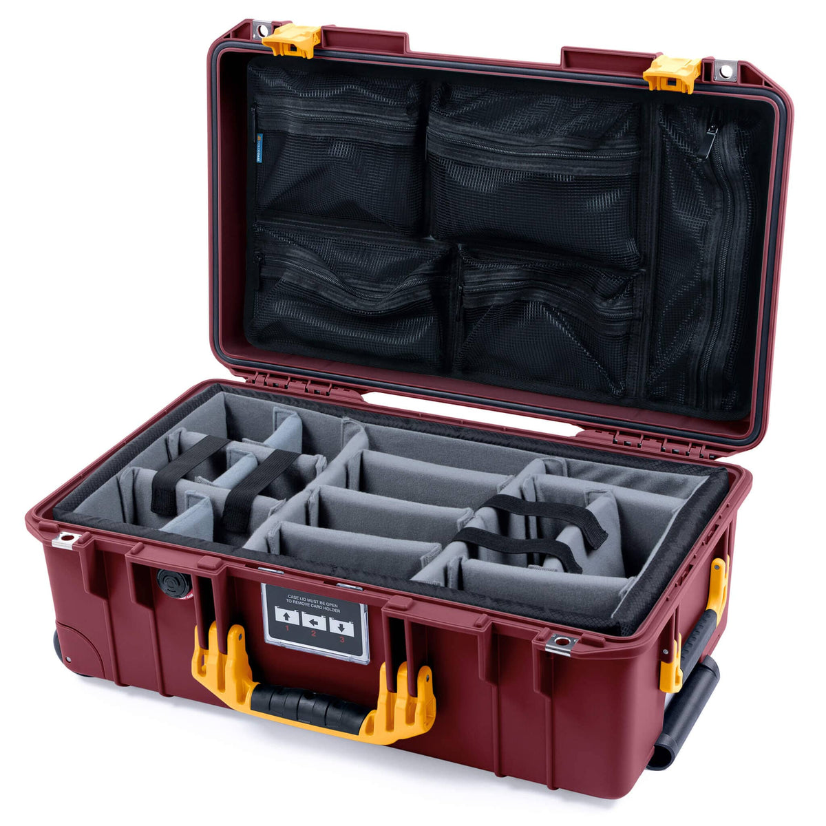 Pelican 1535 Air Case, Oxblood with Yellow Handles &amp; Latches Gray Padded Microfiber Dividers with Mesh Lid Organizer ColorCase 015350-0170-510-241