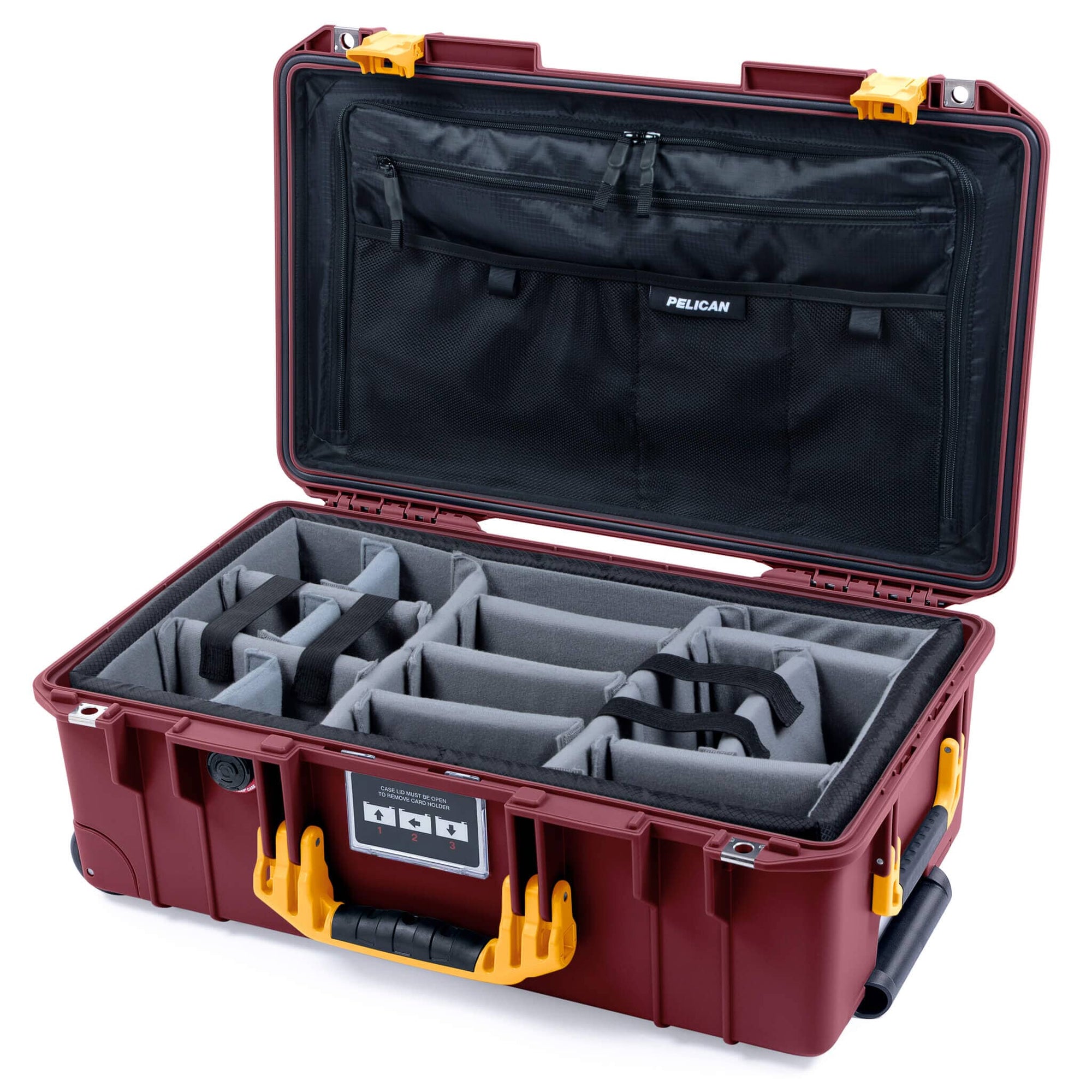 Pelican 1535 Air Case, Oxblood with Yellow Handles & Latches Gray Padded Microfiber Dividers with TRVL Combo-Pouch Lid Organizer ColorCase 015350-0370-510-241