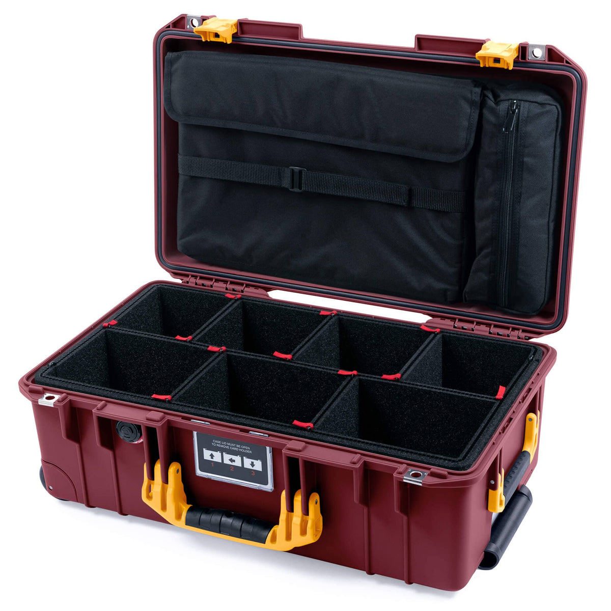 Pelican 1535 Air Case, Oxblood with Yellow Handles &amp; Latches TrekPak Divider System with Laptop Computer Lid Pouch ColorCase 015350-0220-510-241
