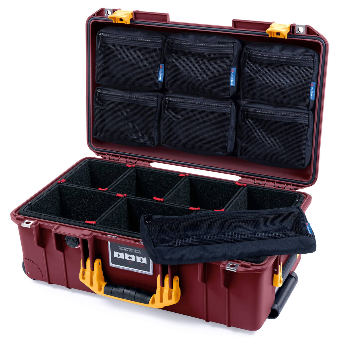 Pelican 1535 Air Case, Oxblood with Yellow Handles &amp; Latches TrekPak Divider System with 7-Piece Removable Mesh Pouches ColorCase 015350-0720-510-241