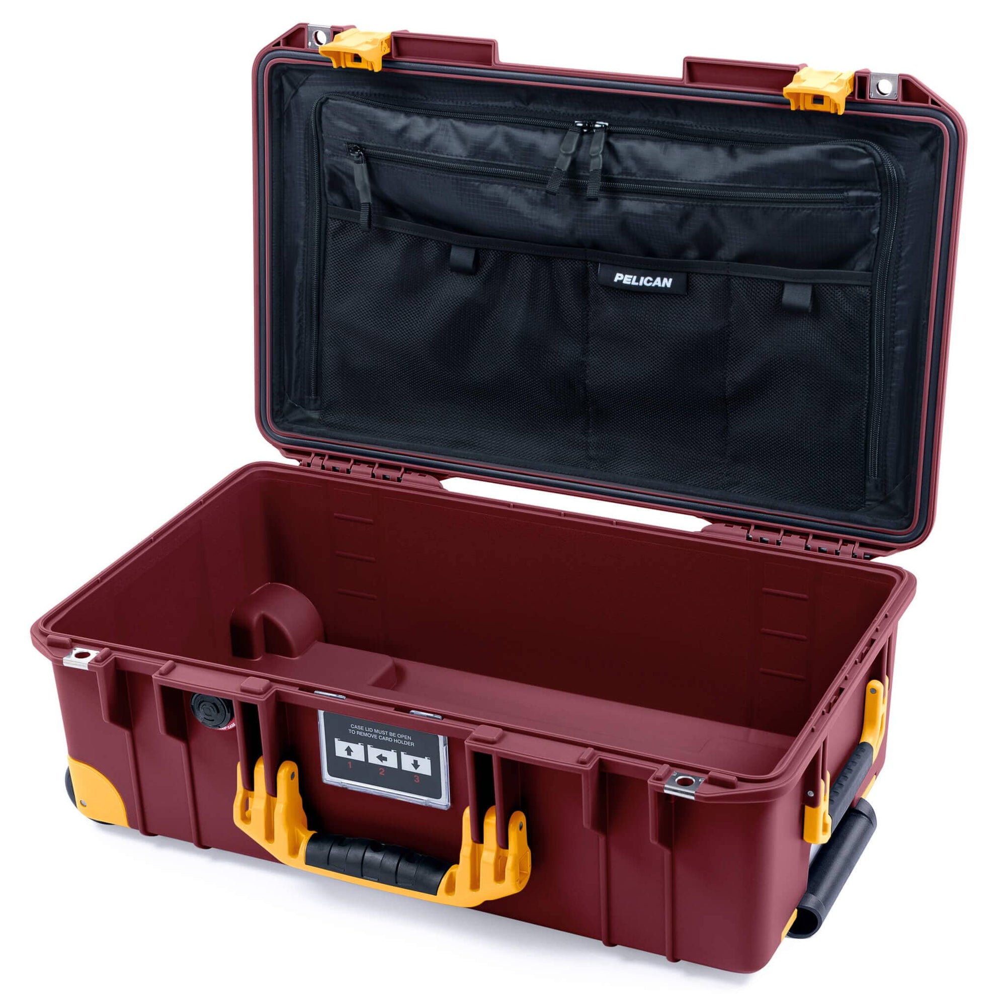 Pelican 1535 Air Case, Oxblood with Yellow Handles, Latches & Trolley TRVL Combo-Pouch Lid Organizer Only ColorCase 015350-0300-510-241-240