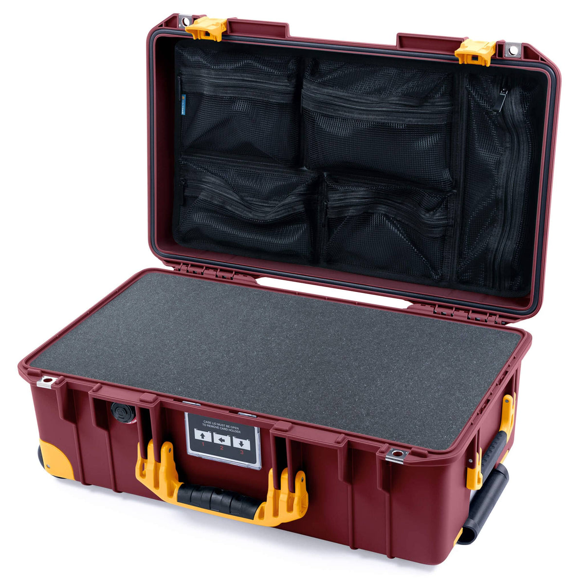 Pelican 1535 Air Case, Oxblood with Yellow Handles, Latches &amp; Trolley Pick &amp; Pluck Foam with Mesh Lid Organizer ColorCase 015350-0101-510-241-240