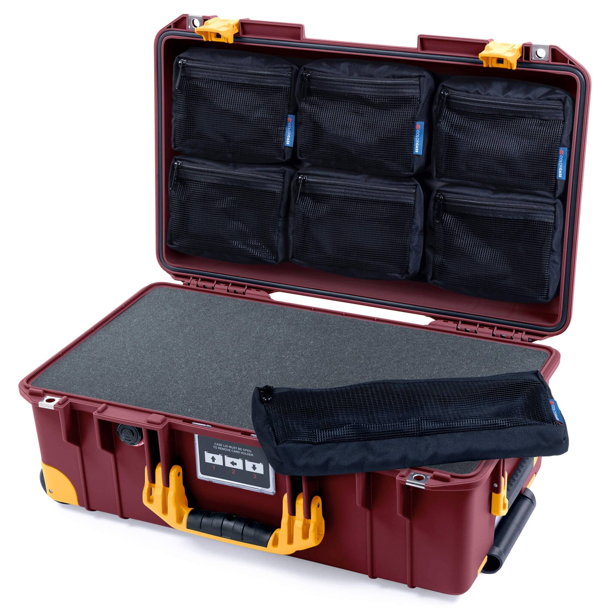Pelican 1535 Air Case, Oxblood with Yellow Handles, Latches & Trolley Pick & Pluck Foam with 7-Piece Removable Mesh Pouches ColorCase 015350-0701-510-241-240