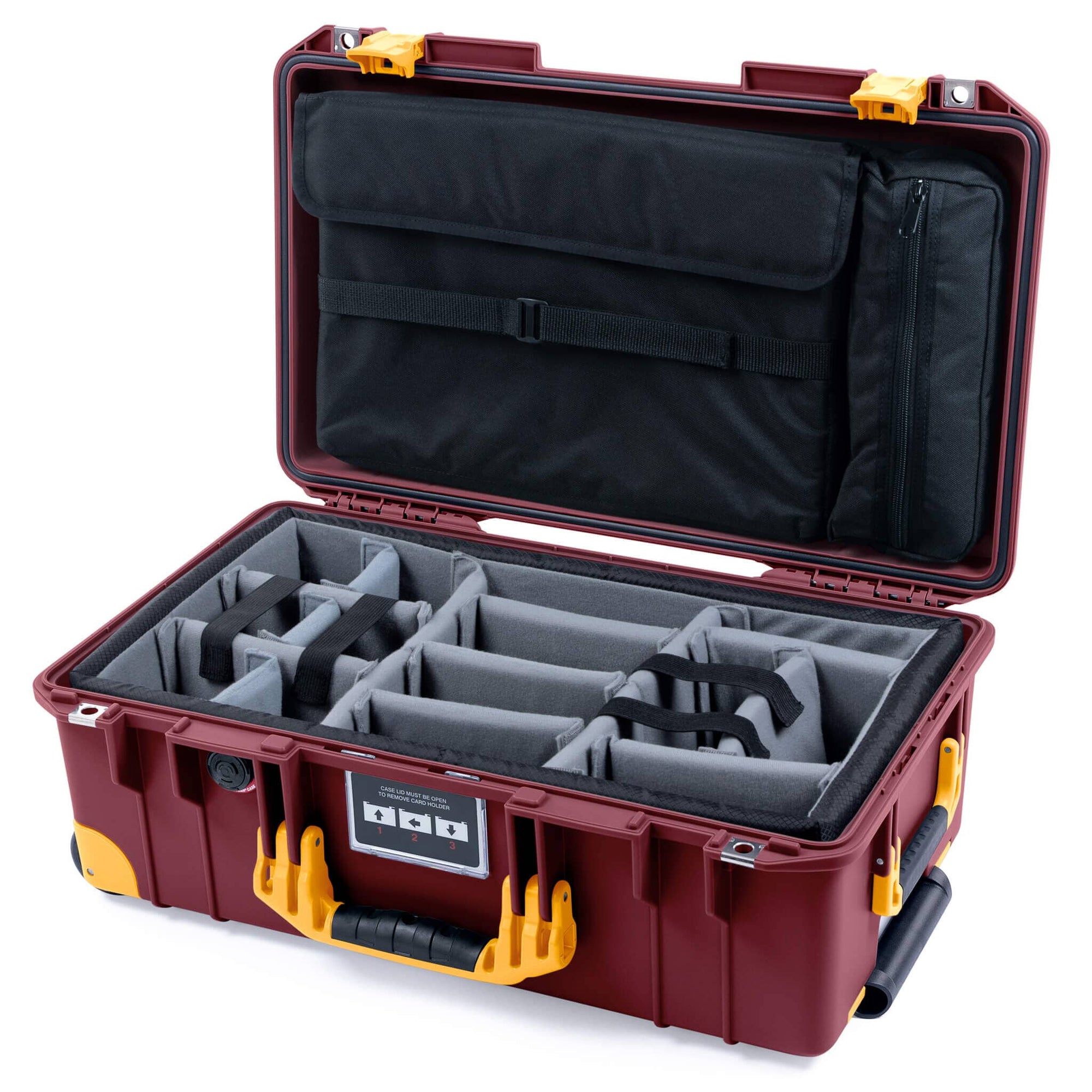 Pelican 1535 Air Case, Oxblood with Yellow Handles, Latches & Trolley Gray Padded Microfiber Dividers with Laptop Computer Lid Pouch ColorCase 015350-0270-510-241-240