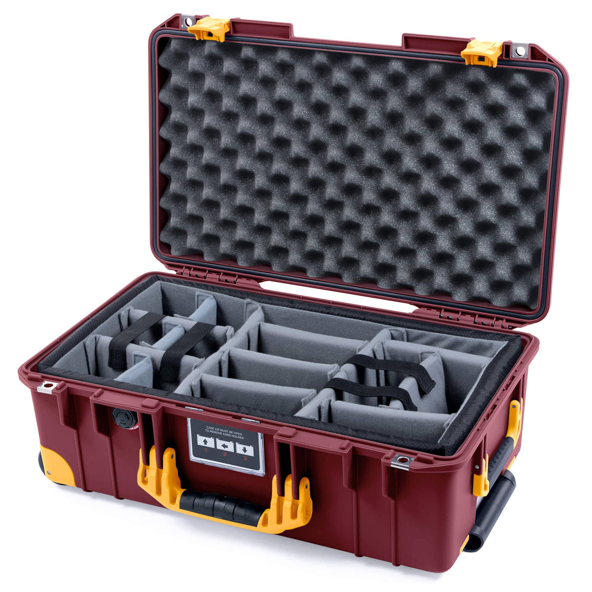 Pelican 1535 Air Case, Oxblood with Yellow Handles, Latches &amp; Trolley Gray Padded Microfiber Dividers with Convoluted Lid Foam ColorCase 015350-0070-510-241-240