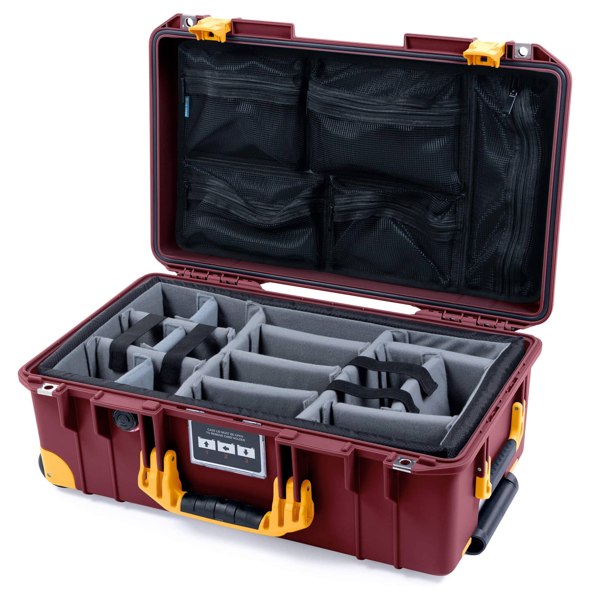 Pelican 1535 Air Case, Oxblood with Yellow Handles, Latches & Trolley Gray Padded Microfiber Dividers with Mesh Lid Organizer ColorCase 015350-0170-510-241-240