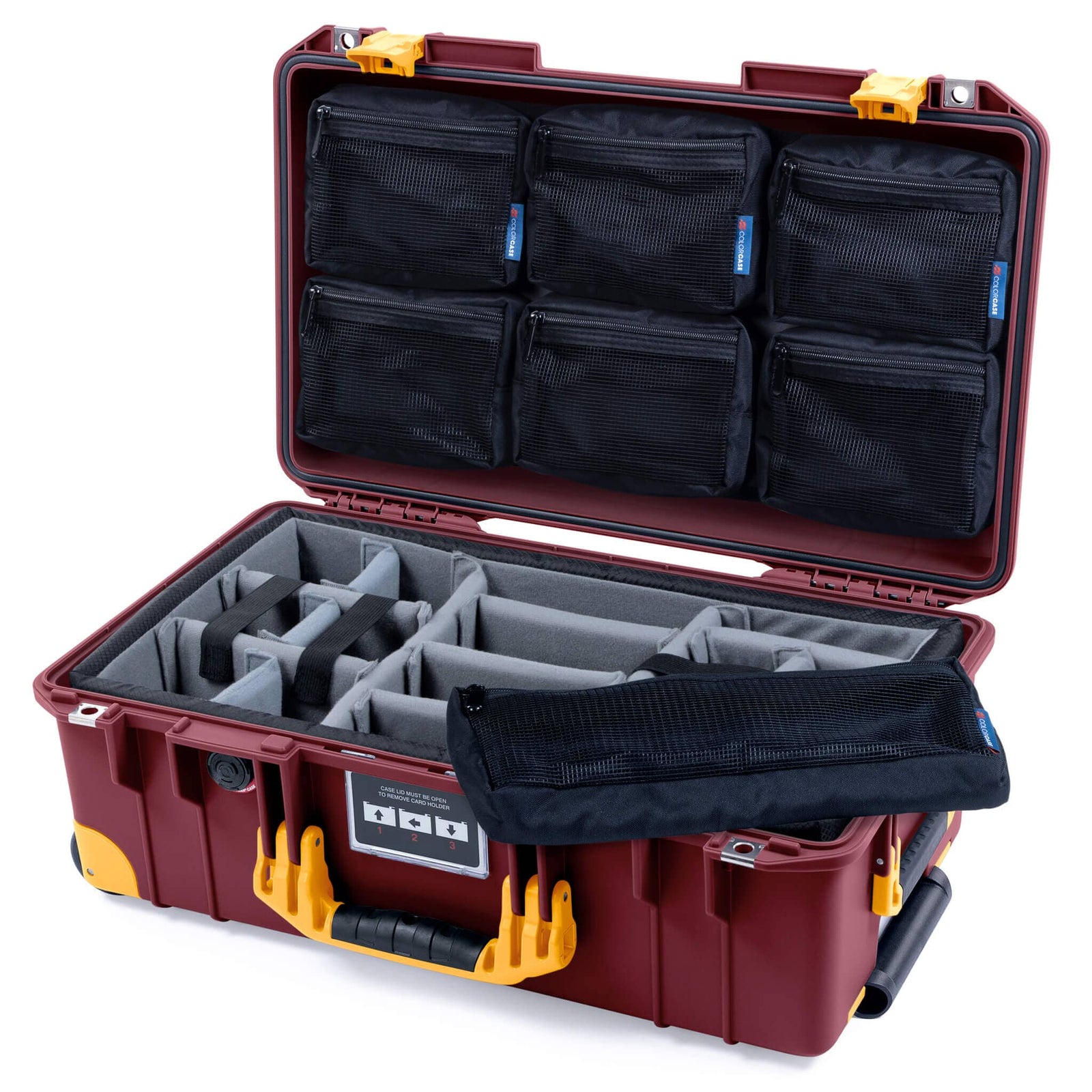 Pelican 1535 Air Case, Oxblood with Yellow Handles, Latches & Trolley Gray Padded Microfiber Dividers with 7-Piece Removable Mesh Pouches ColorCase 015350-0770-510-241-240