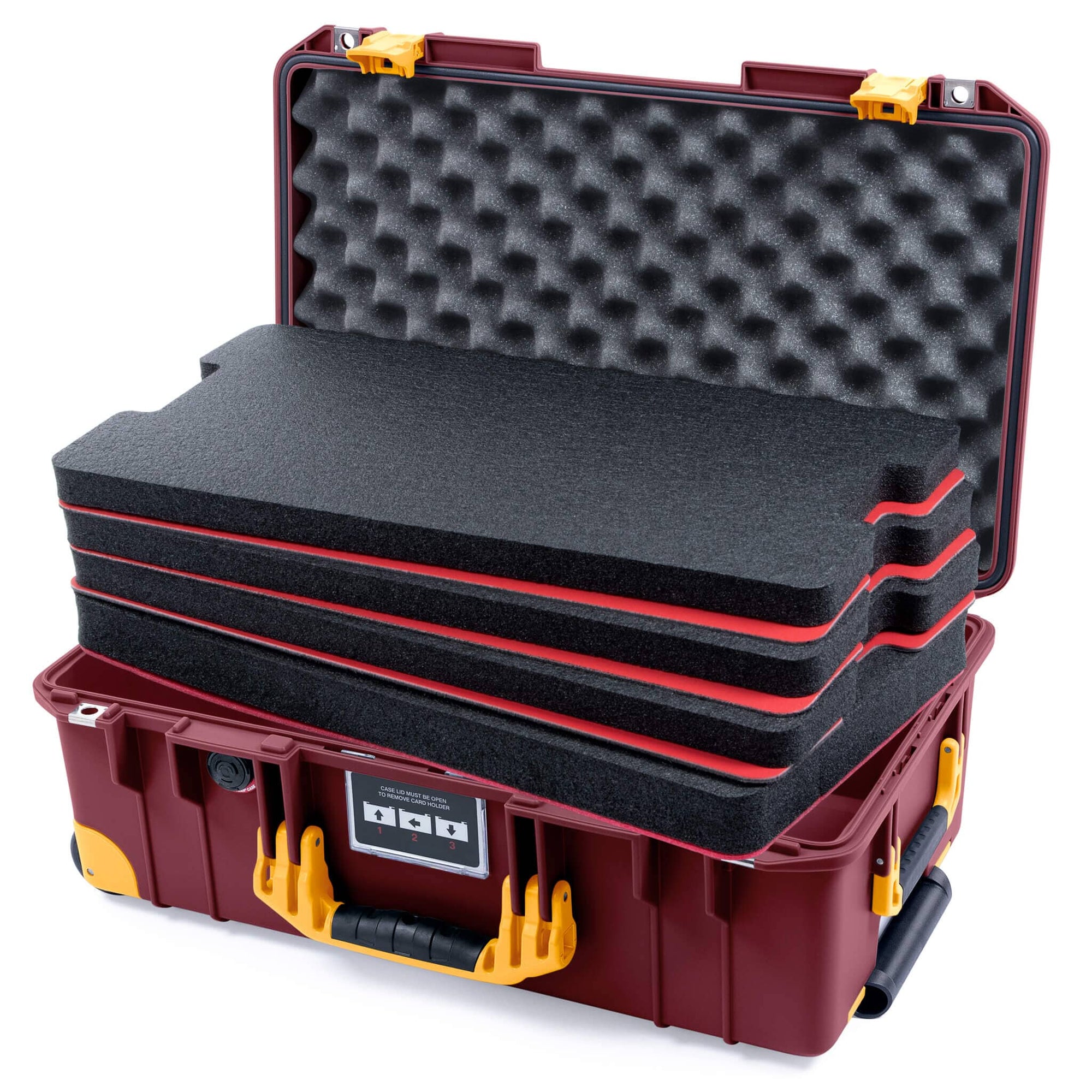 Pelican 1535 Air Case, Oxblood with Yellow Handles, Latches & Trolley Custom Tool Kit (4 Foam Inserts with Convoluted Lid Foam) ColorCase 015350-0060-510-241-240