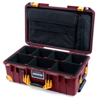 Pelican 1535 Air Case, Oxblood with Yellow Handles, Latches & Trolley TrekPak Divider System with Laptop Computer Lid Pouch ColorCase 015350-0220-510-241-240
