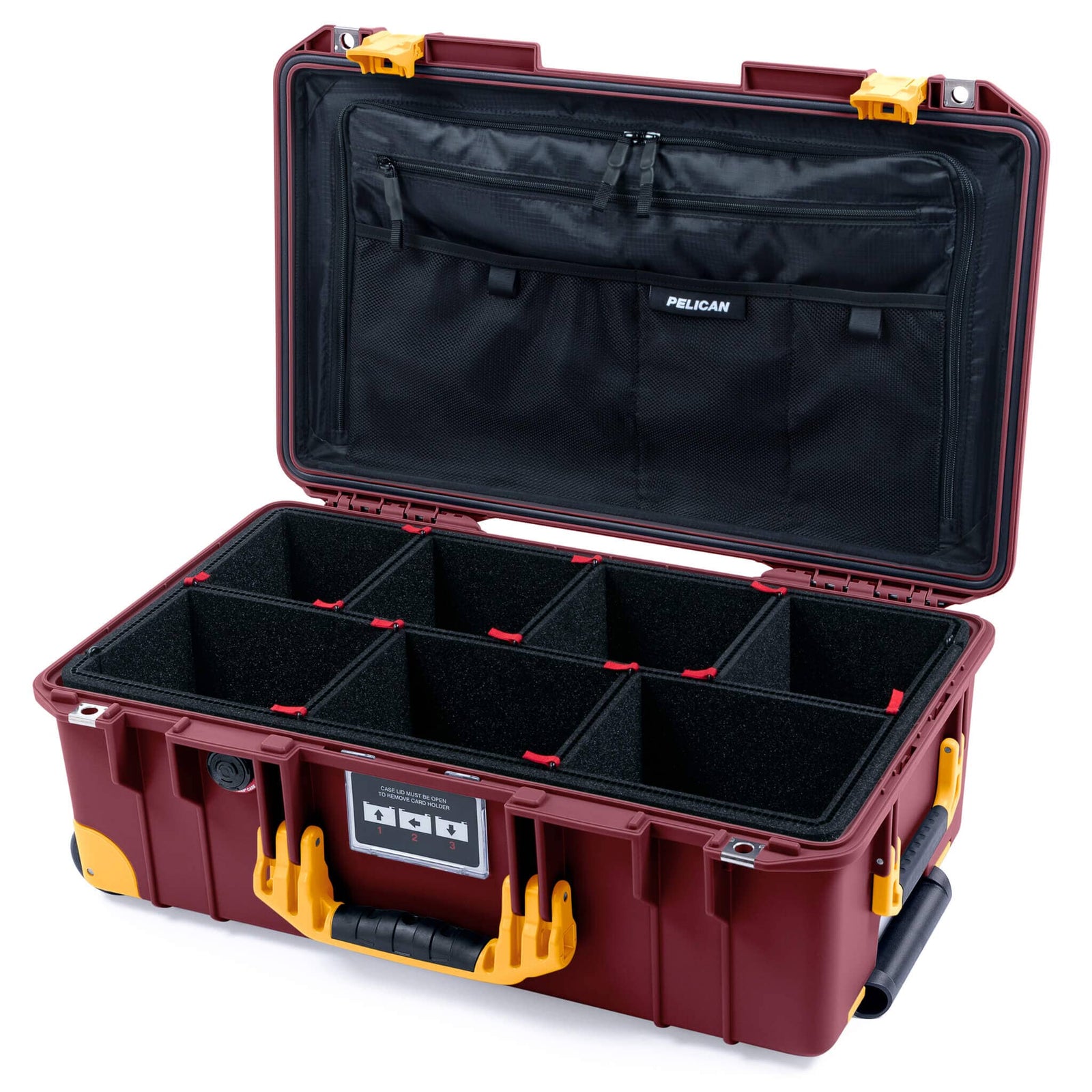 Pelican 1535 Air Case, Oxblood with Yellow Handles, Latches & Trolley TrekPak Divider System with TRVL Combo-Pouch Lid Organizer ColorCase 015350-0320-510-241-240