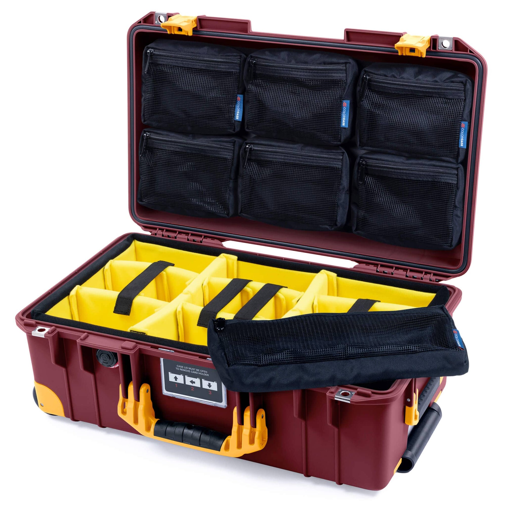 Pelican 1535 Air Case, Oxblood with Yellow Handles, Latches & Trolley Yellow Padded Microfiber Dividers with 7-Piece Removable Mesh Pouches ColorCase 015350-0710-510-241-240