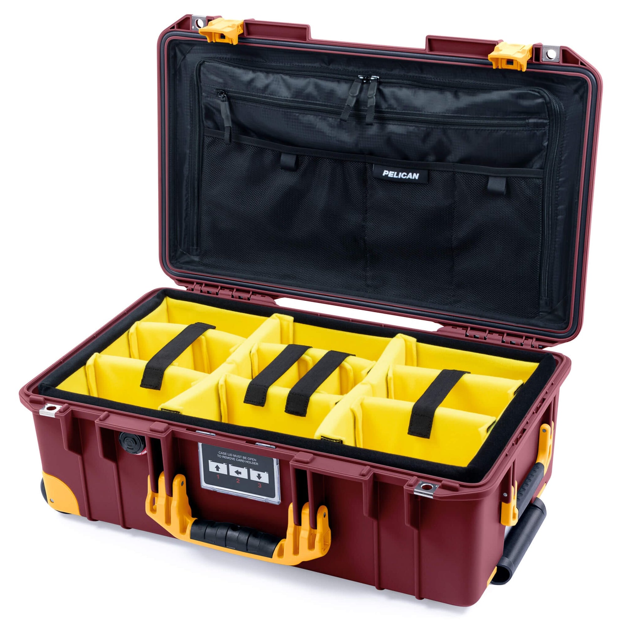 Pelican 1535 Air Case, Oxblood with Yellow Handles, Latches & Trolley Yellow Padded Microfiber Dividers with TRVL Combo-Pouch Lid Organizer ColorCase 015350-0310-510-241-240