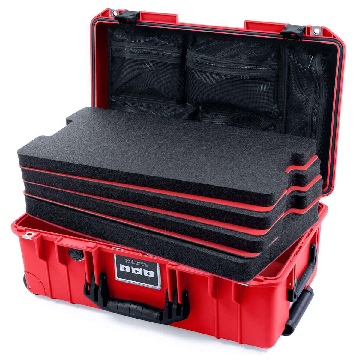 Pelican 1535 Air Case, Red with Black Handles &amp; Push-Button Latches Custom Tool Kit (4 Foam Inserts with Convolute Lid Foam) ColorCase 015350-0060-320-111