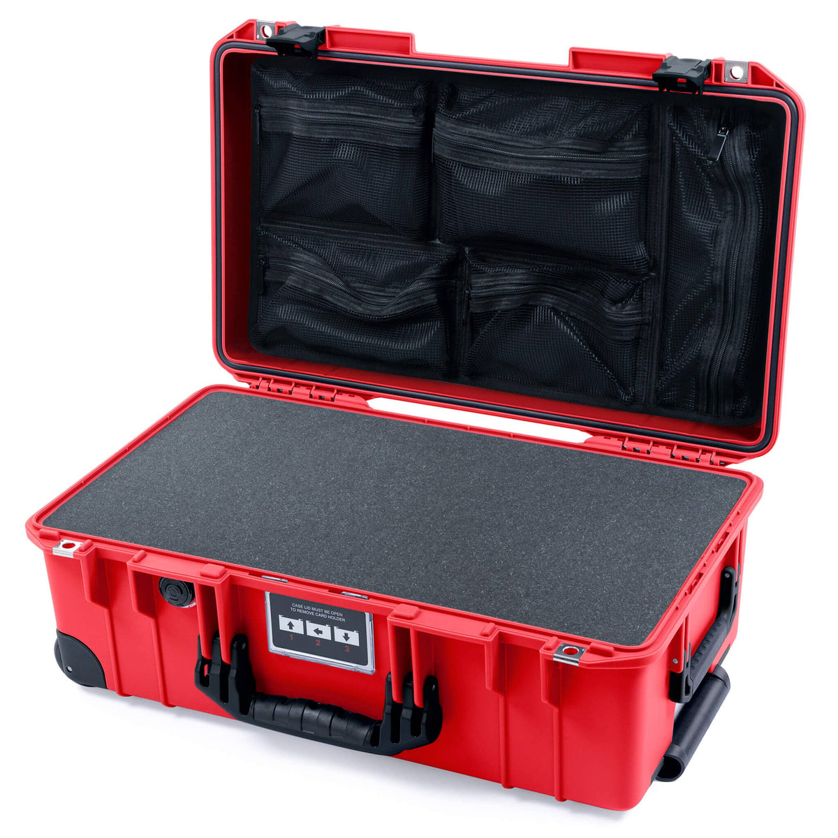 Pelican 1535 Air Case, Red with Black Handles, Push-Button Latches &amp; Trolley Pick &amp; Pluck Foam with Mesh Lid Organizer ColorCase 015350-0101-320-111-110