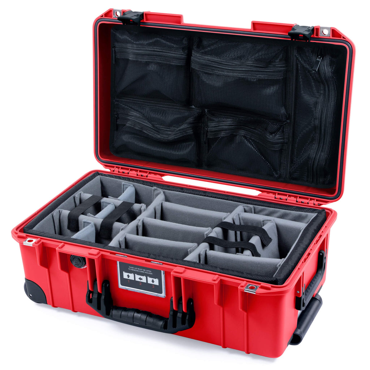 Pelican 1535 Air Case, Red with Black Handles, Push-Button Latches &amp; Trolley Gray Padded Microfiber Dividers with Mesh Lid Organizer ColorCase 015350-0170-320-111-110