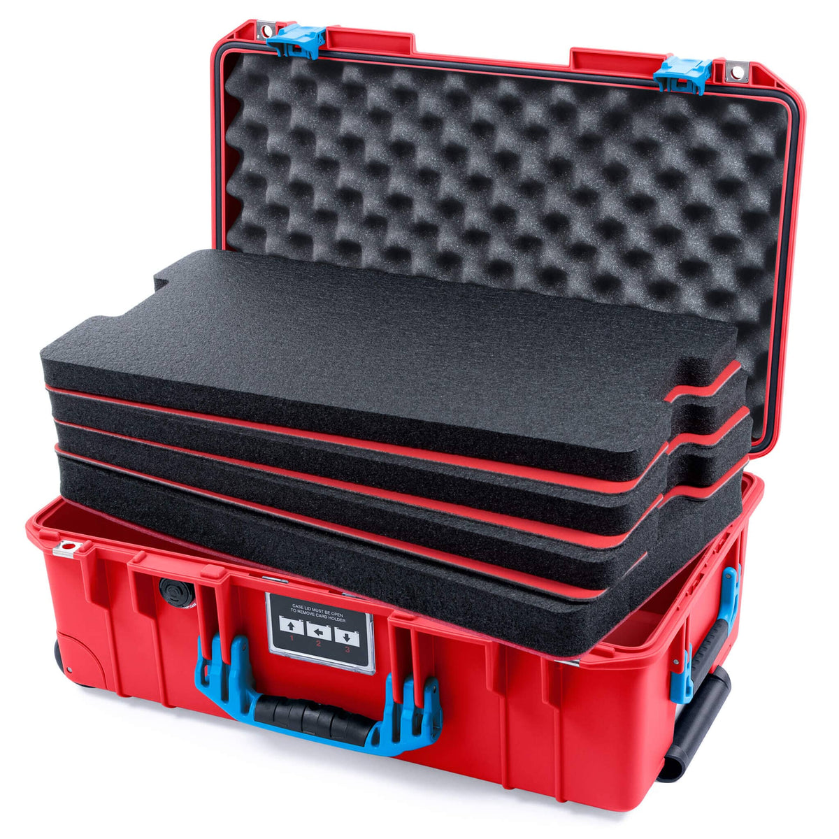 Pelican 1535 Air Case, Red with Blue Handles &amp; Push-Button Latches Custom Tool Kit (4 Foam Inserts with Convolute Lid Foam) ColorCase 015350-0060-320-121