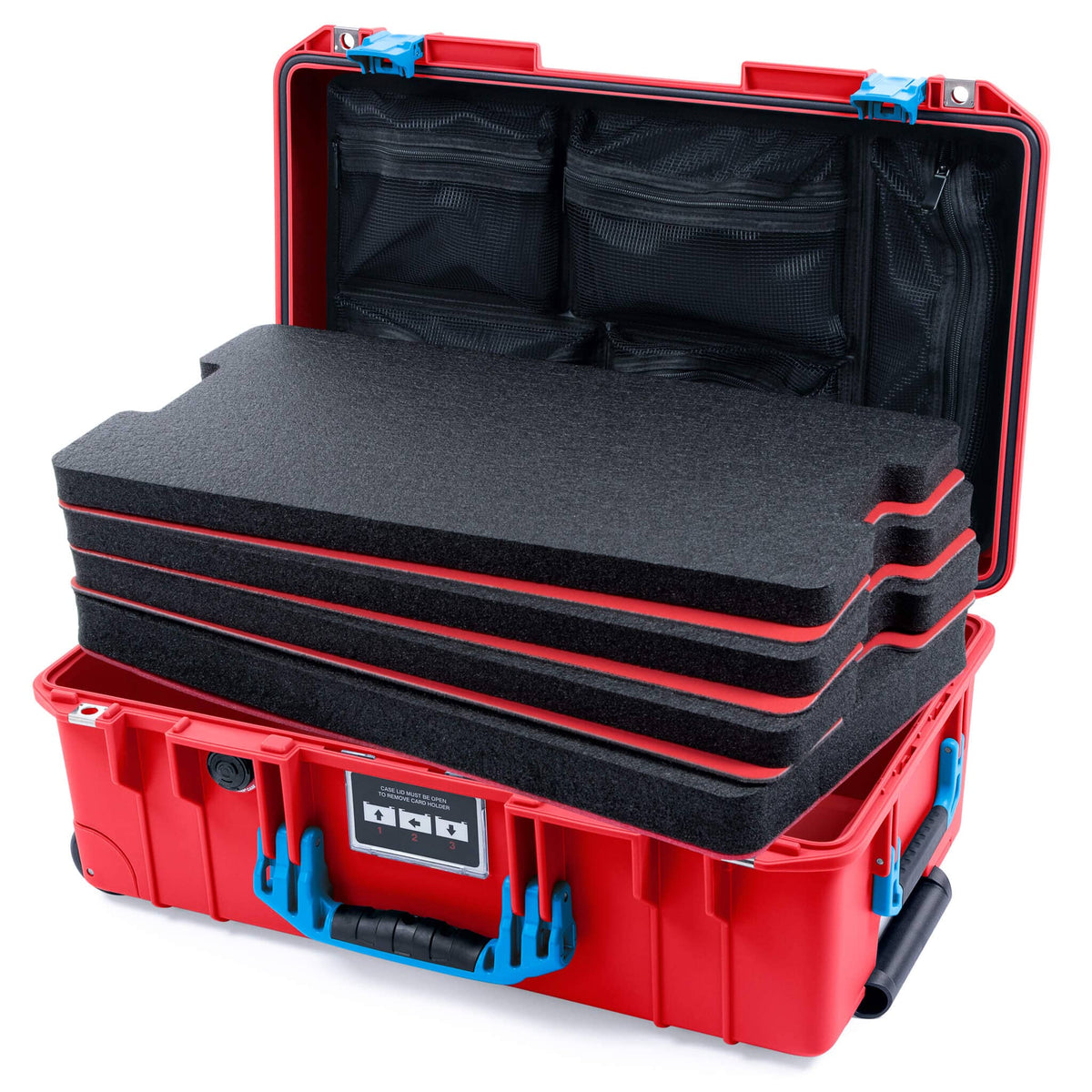 Pelican 1535 Air Case, Red with Blue Handles &amp; Push-Button Latches Custom Tool Kit (4 Foam Inserts with Mesh Lid Organizer) ColorCase 015350-0160-320-121